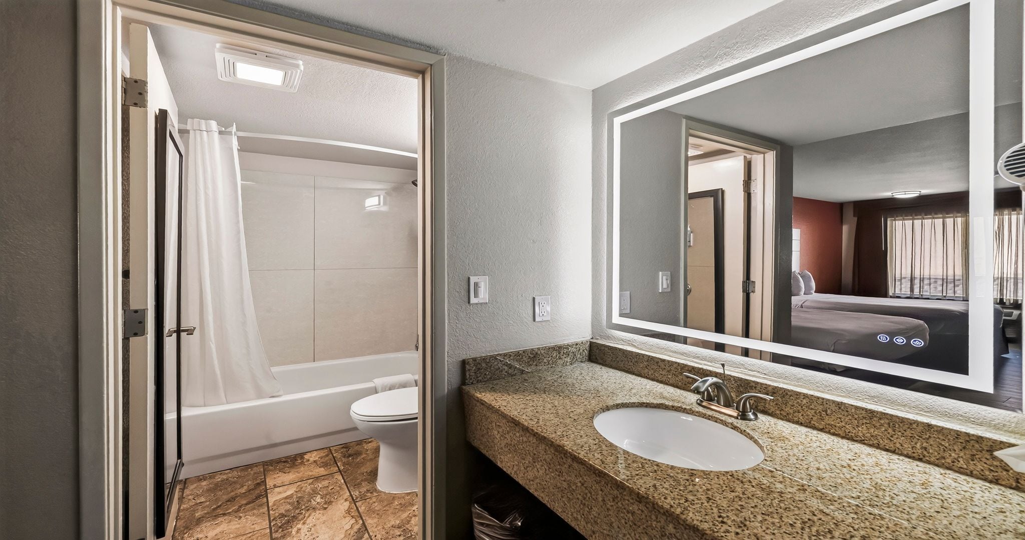 Combined shower/tub, deep soaking tub, free toiletries, hair dryer
