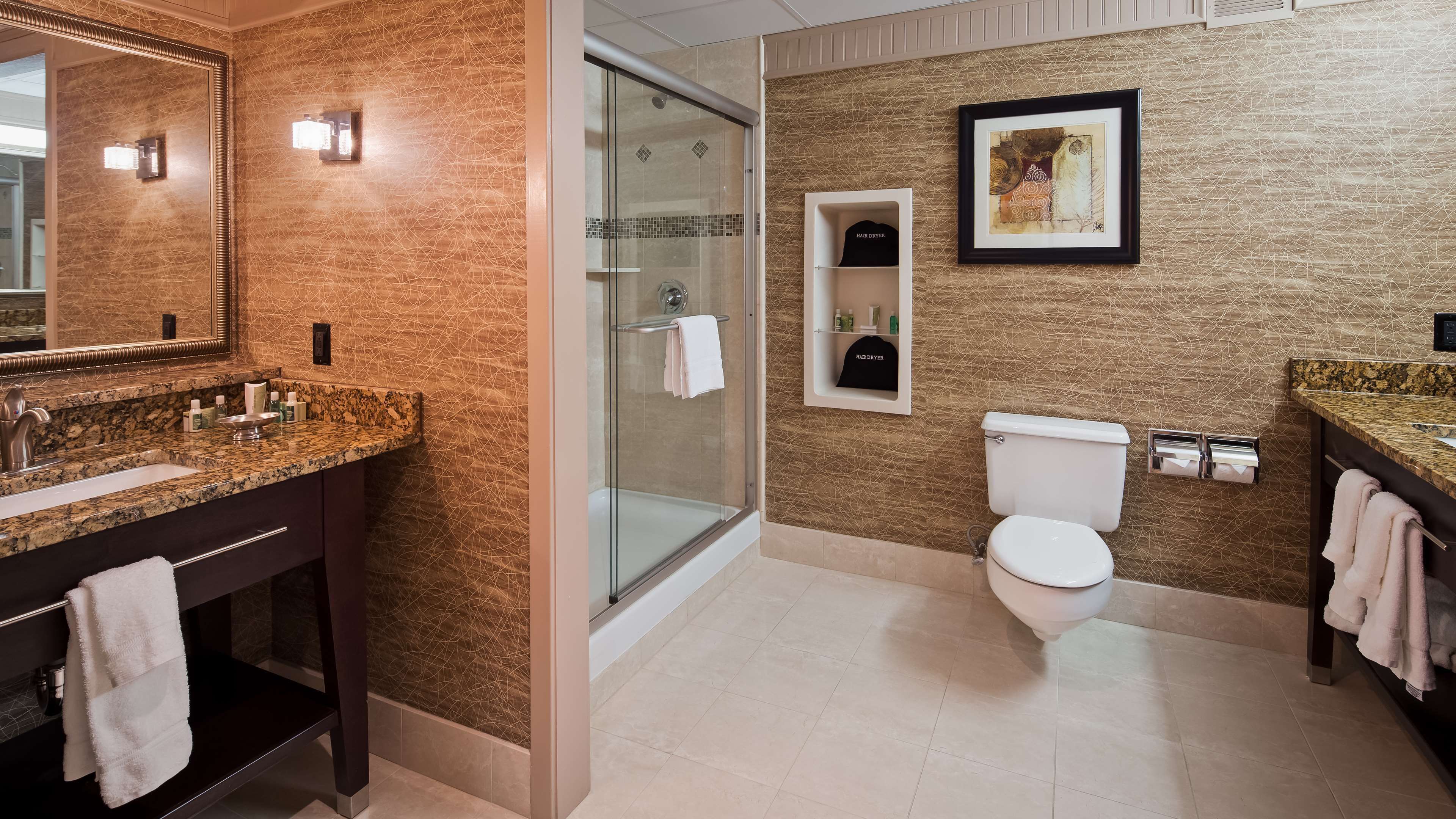 Un baño moderno con encimera de granito, cabina de ducha de vidrio, inodoro y una obra de arte enmarcada en la pared.