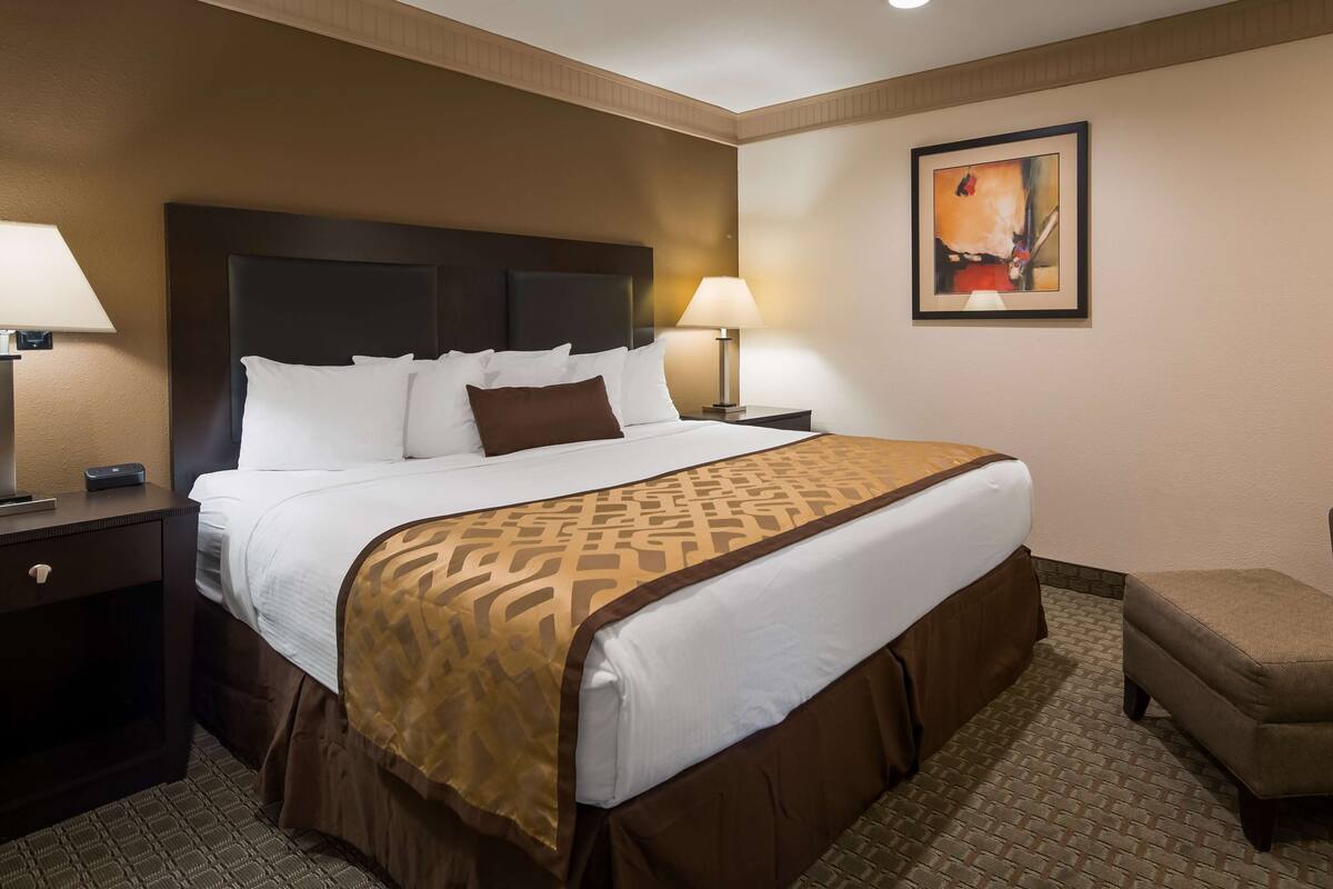 A hotel room with a large bed, a brown accent wall, a framed artwork, a side table with a lamp, and a brown armchair.