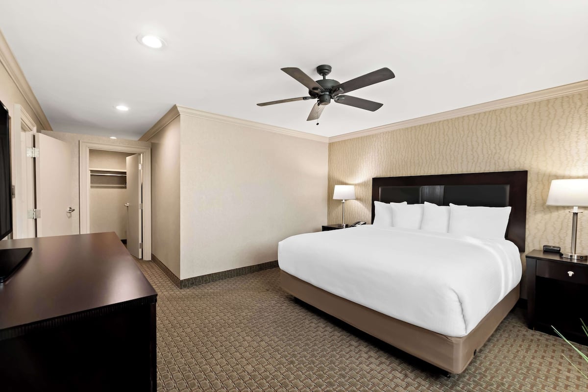 A hotel room with a large bed, a ceiling fan, a desk, and a nightstand.