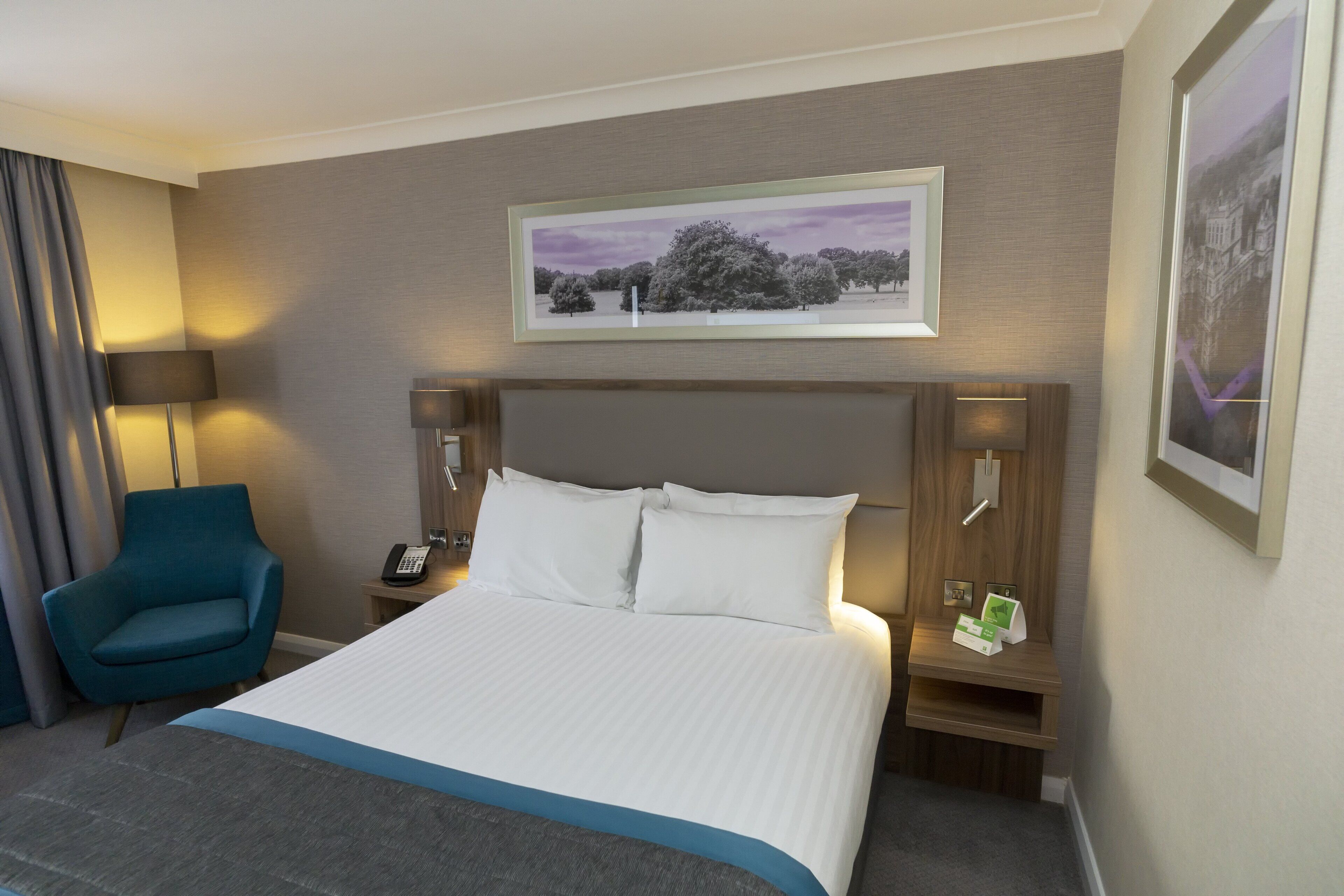 A hotel room with a large bed, a desk with a telephone, a chair, and a framed picture on the wall.