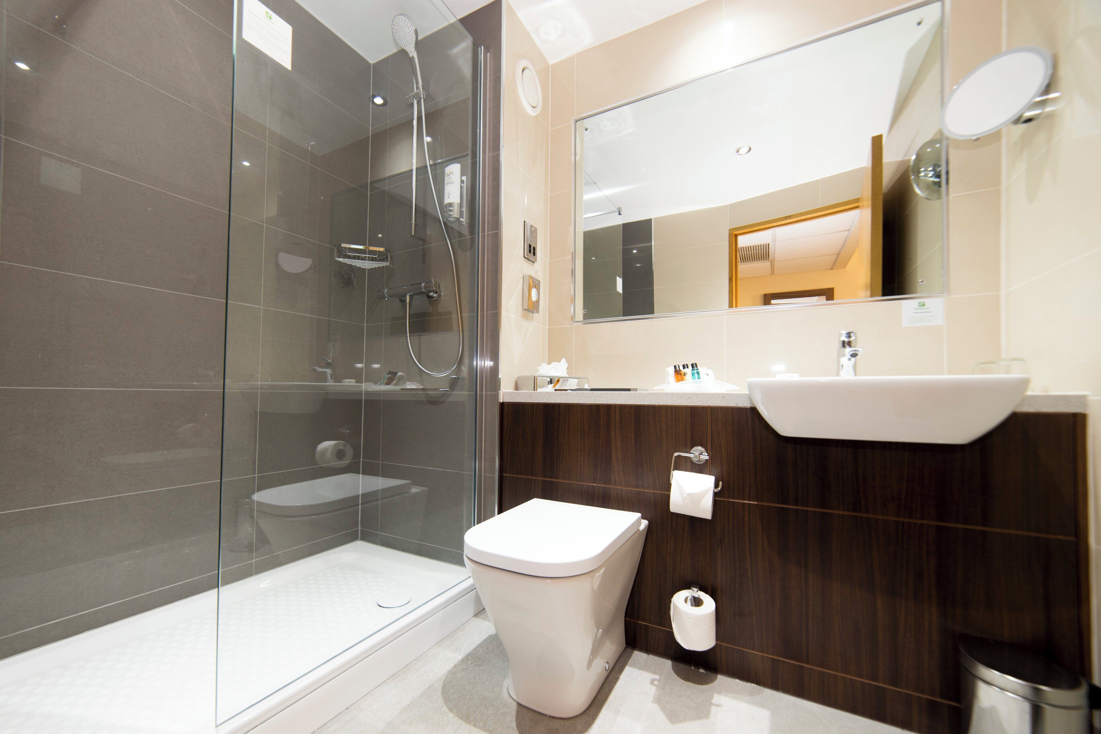 A modern bathroom with a glass-enclosed shower, a white toilet, and a vanity with a mirror and sink.