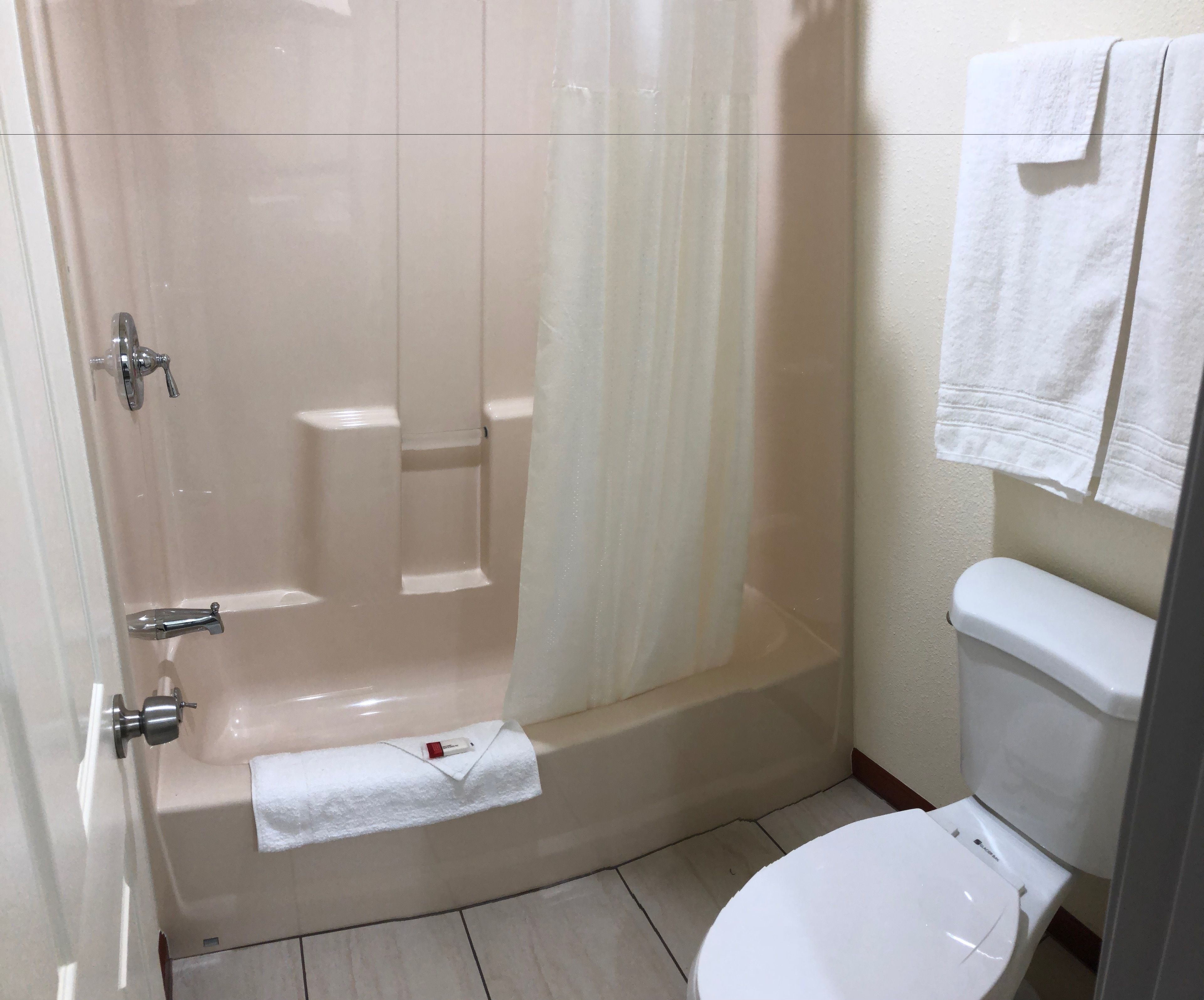 Combined shower/tub, free toiletries, hair dryer, towels