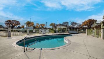 A swimming pool with a curved edge and a metal ladder, surrounded by a concrete deck and a metal fence.
