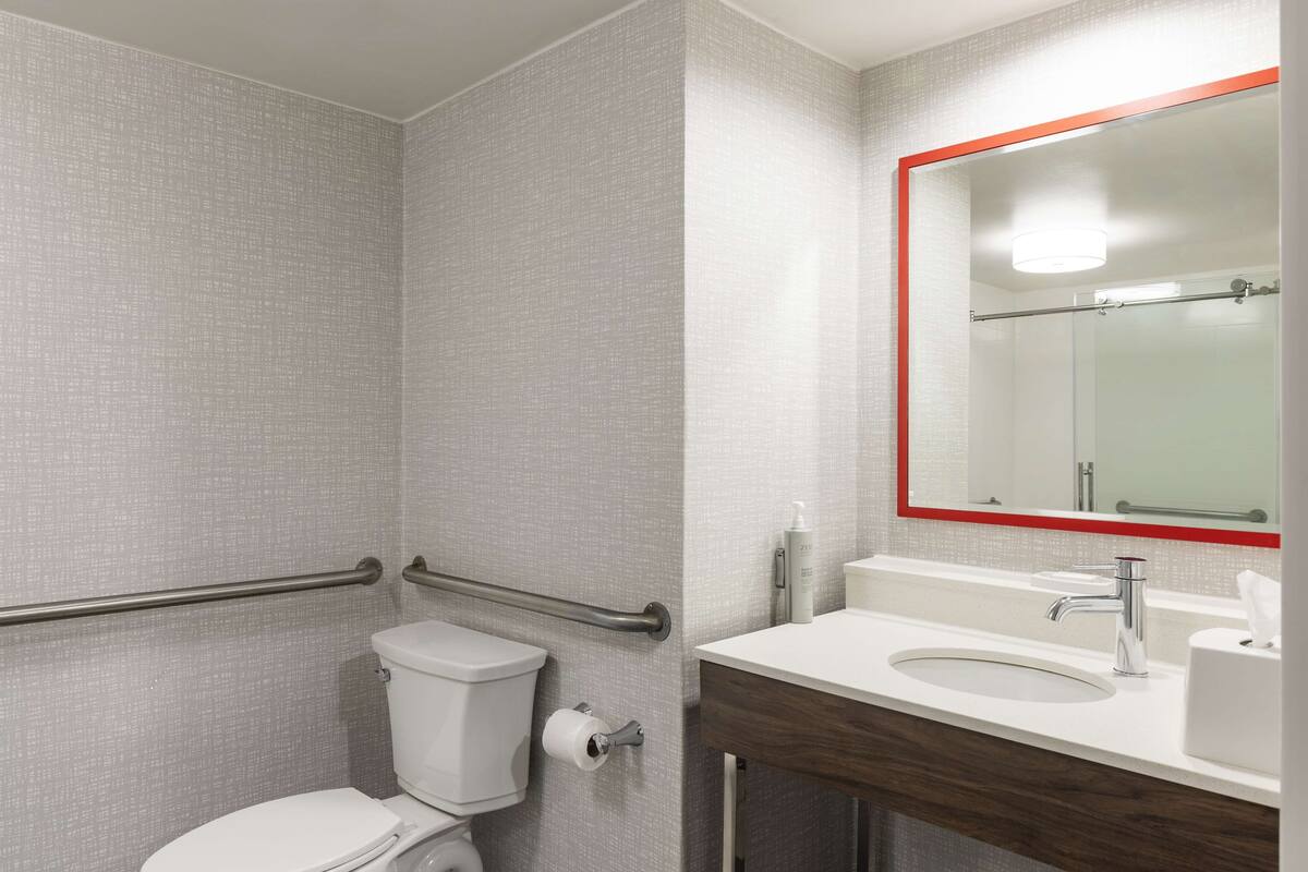 A bathroom with a toilet, a sink, a mirror, and a handrail.