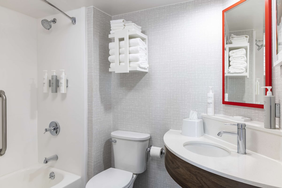 combined shower/bathtub, free toiletries, towels