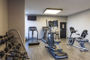 A gym with treadmills, elliptical machines, and dumbbells.