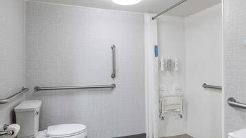 A bathroom with a toilet, grab bars, and a shower area.
