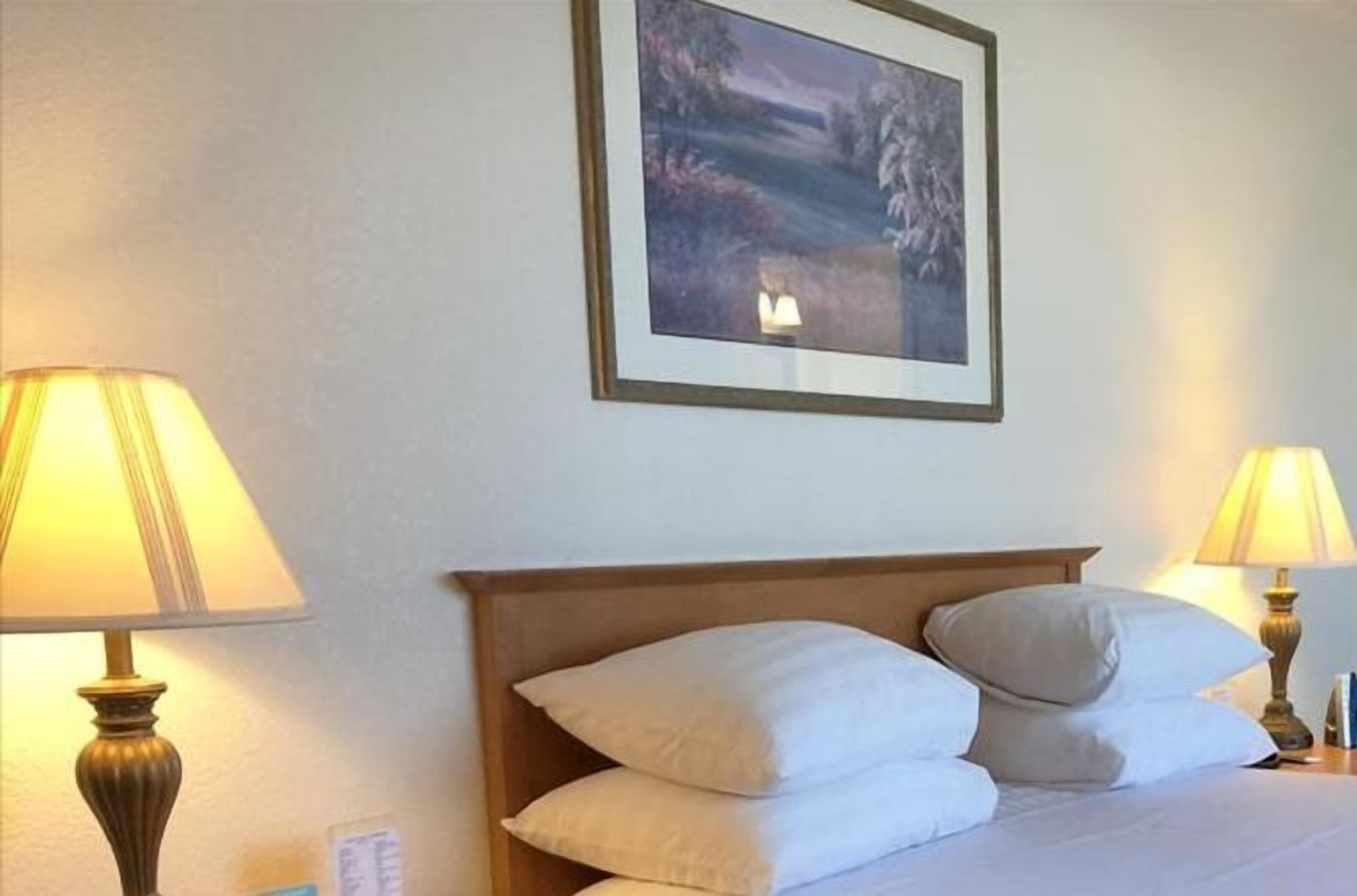 A hotel room with a bed, two bedside lamps, a framed picture on the wall, and a nightstand with a lamp.