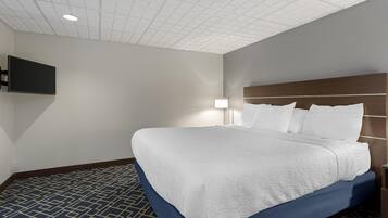 A hotel room with a large bed, a flat-screen TV mounted on the wall, and a patterned carpet.