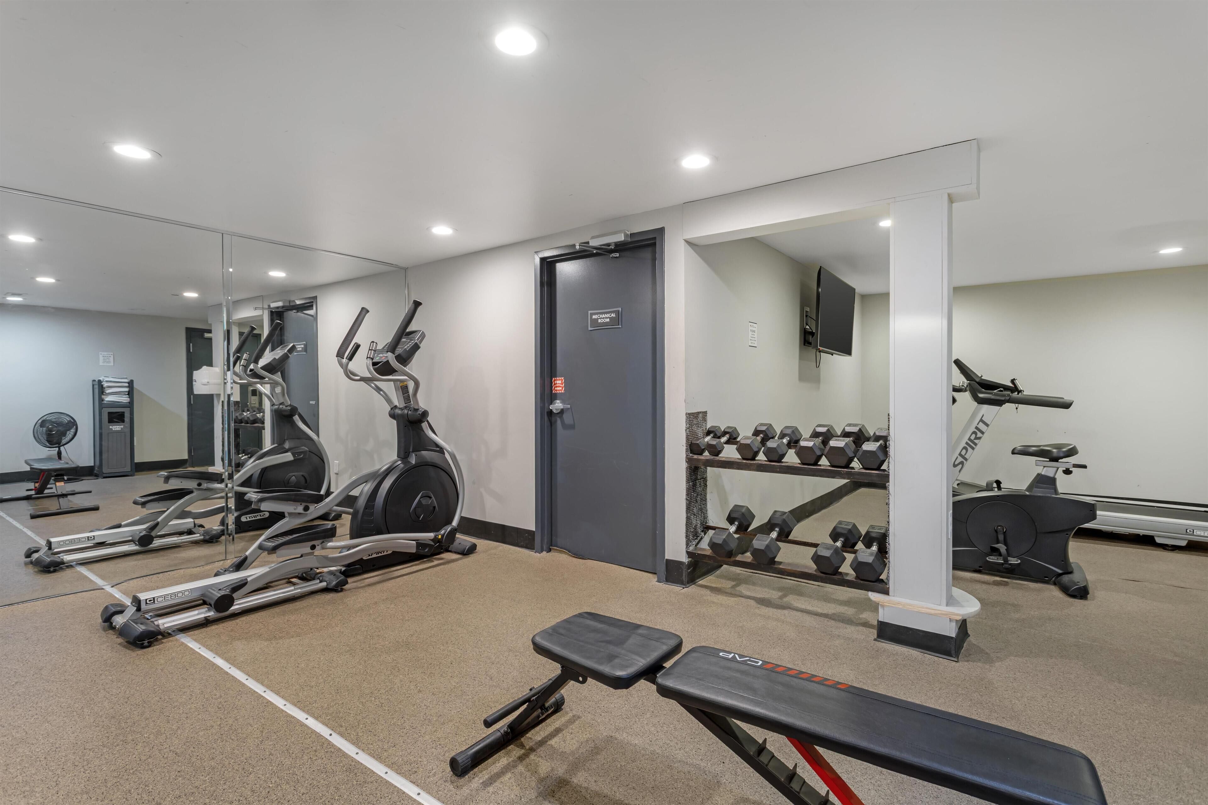 Een sportschool met loopbanden, elliptische trainers, een bank en een dumbbellsrek.