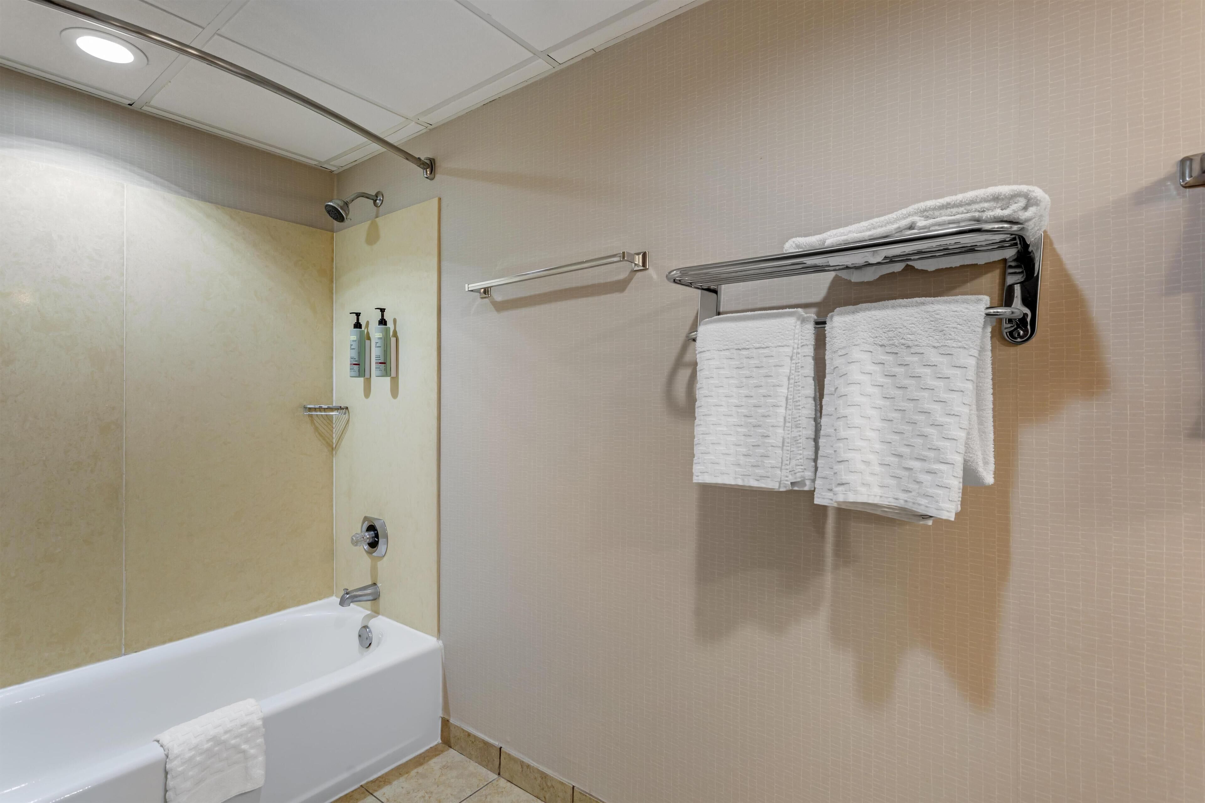 A bathroom with a bathtub, a towel rack, and toiletries on the wall.