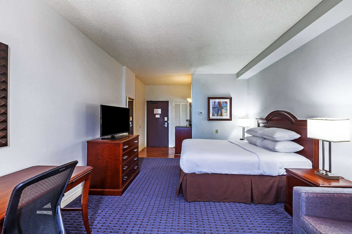 Habitación de hotel con una cama, un escritorio con televisor, un aparador y una lámpara.