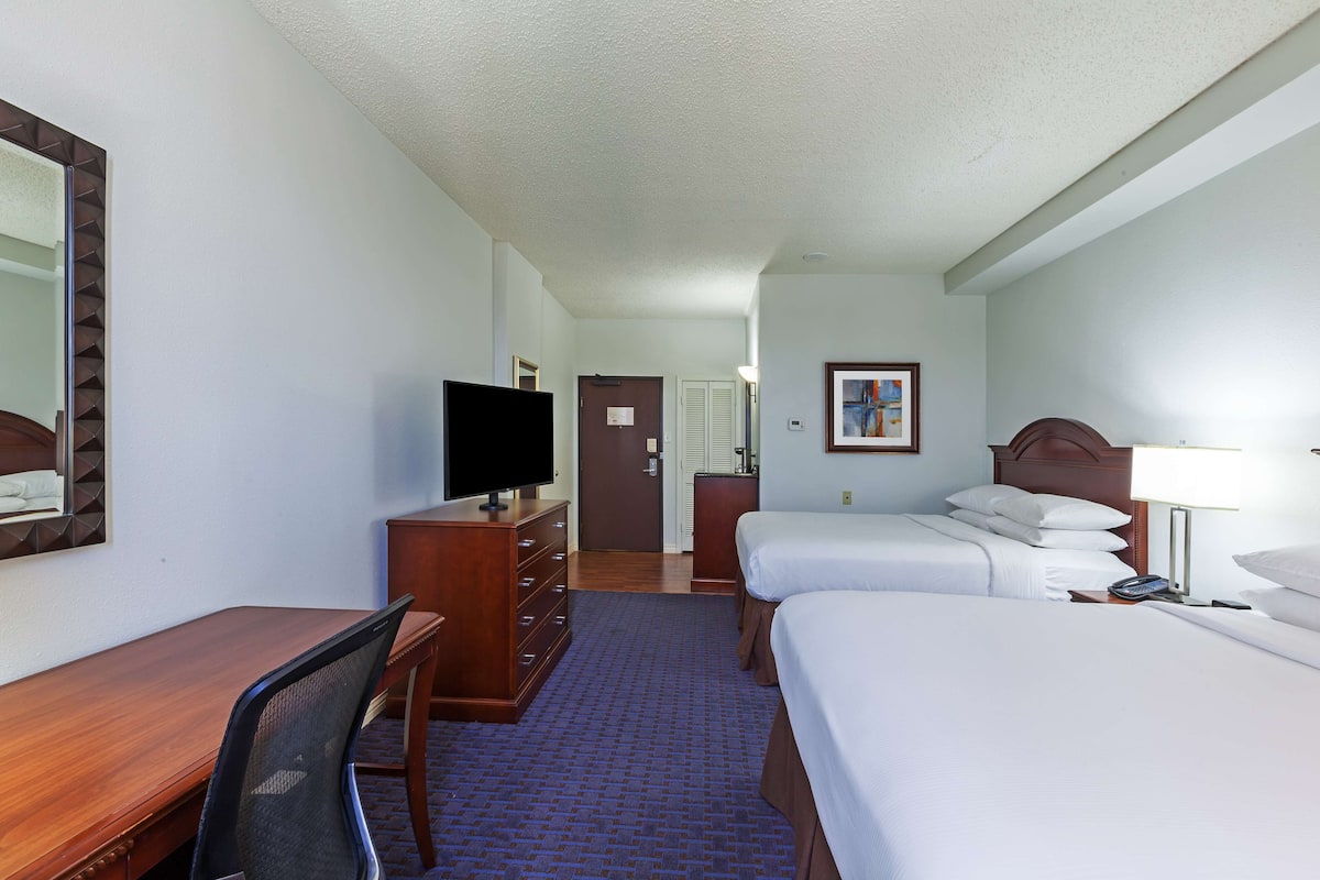 Habitación de hotel con un escritorio de madera, un televisor, una cama con sábanas blancas y una alfombra azul.