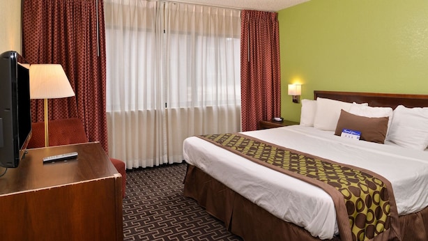 Ein Hotelzimmer mit Bett, Fernseher, Lampe und Nachttisch mit Lampe.