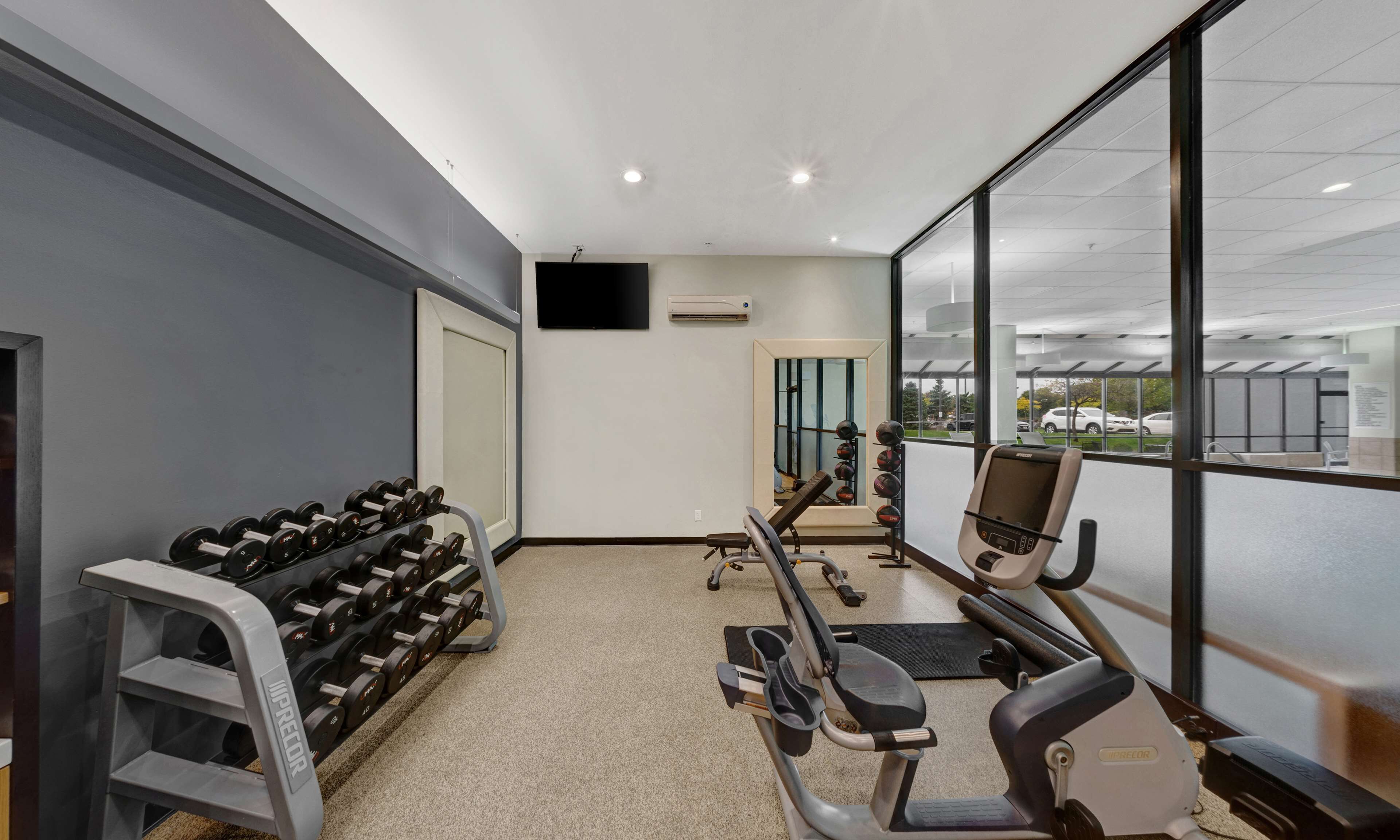 Un gimnasio con jaulas para pesas, máquinas de ejercicio y un amplio ventanal con vistas al exterior.
