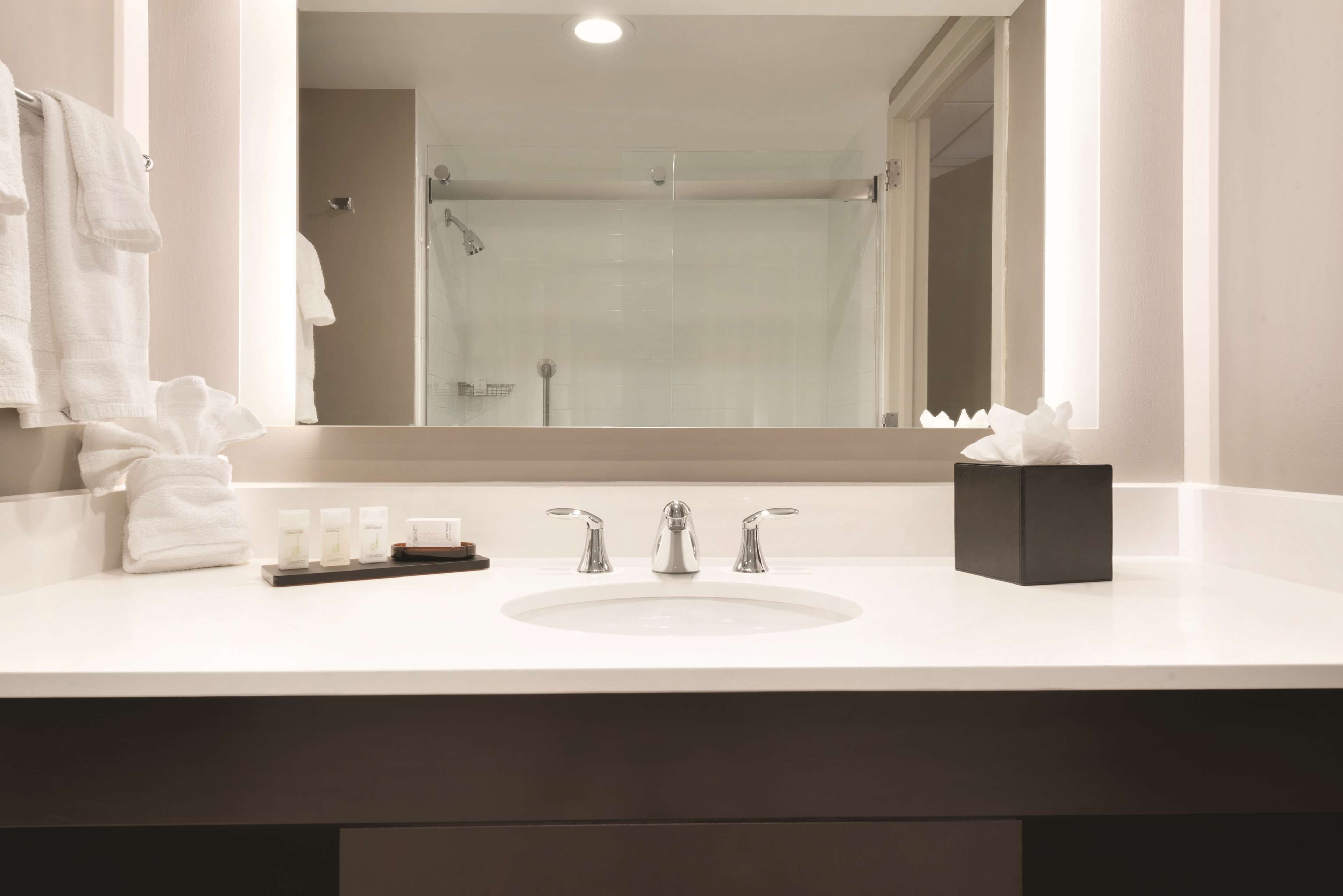 Un baño con un lavamanos blanco, dos grifos, un espejo y una ducha a la vista al fondo.