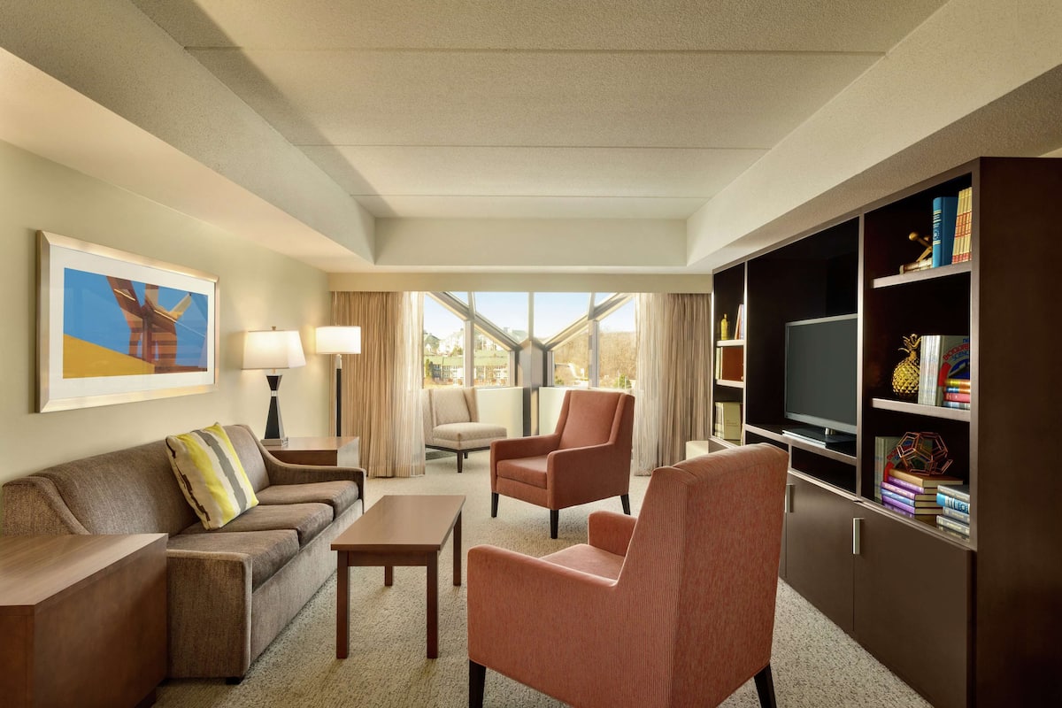 Une chambre d’hôtel équipée d’un canapé, de fauteuils, d’une table basse, d’une télévision et d’une bibliothèque.
