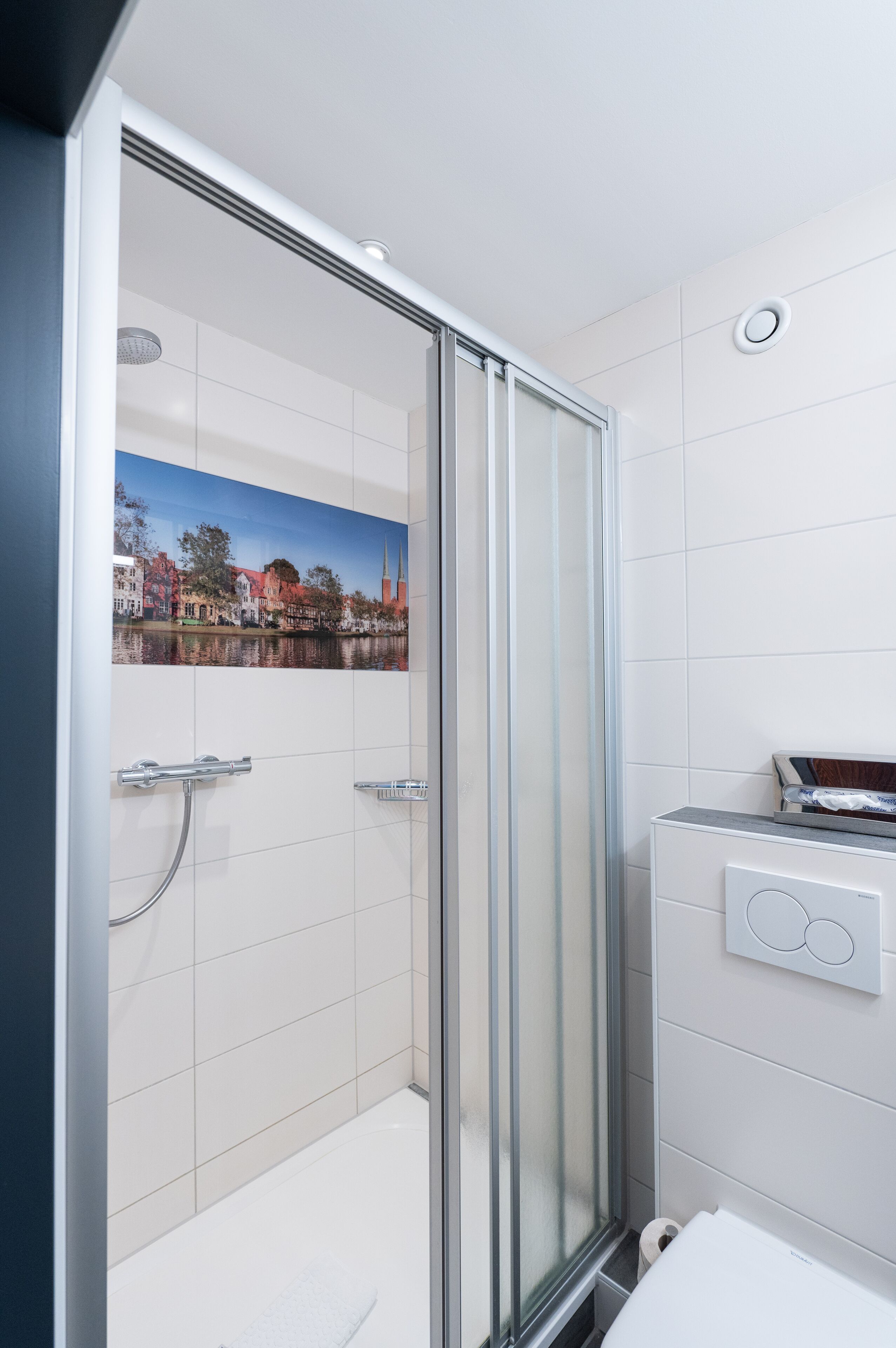 comfort double room | bathroom | shower, hair dryer, towels, soap