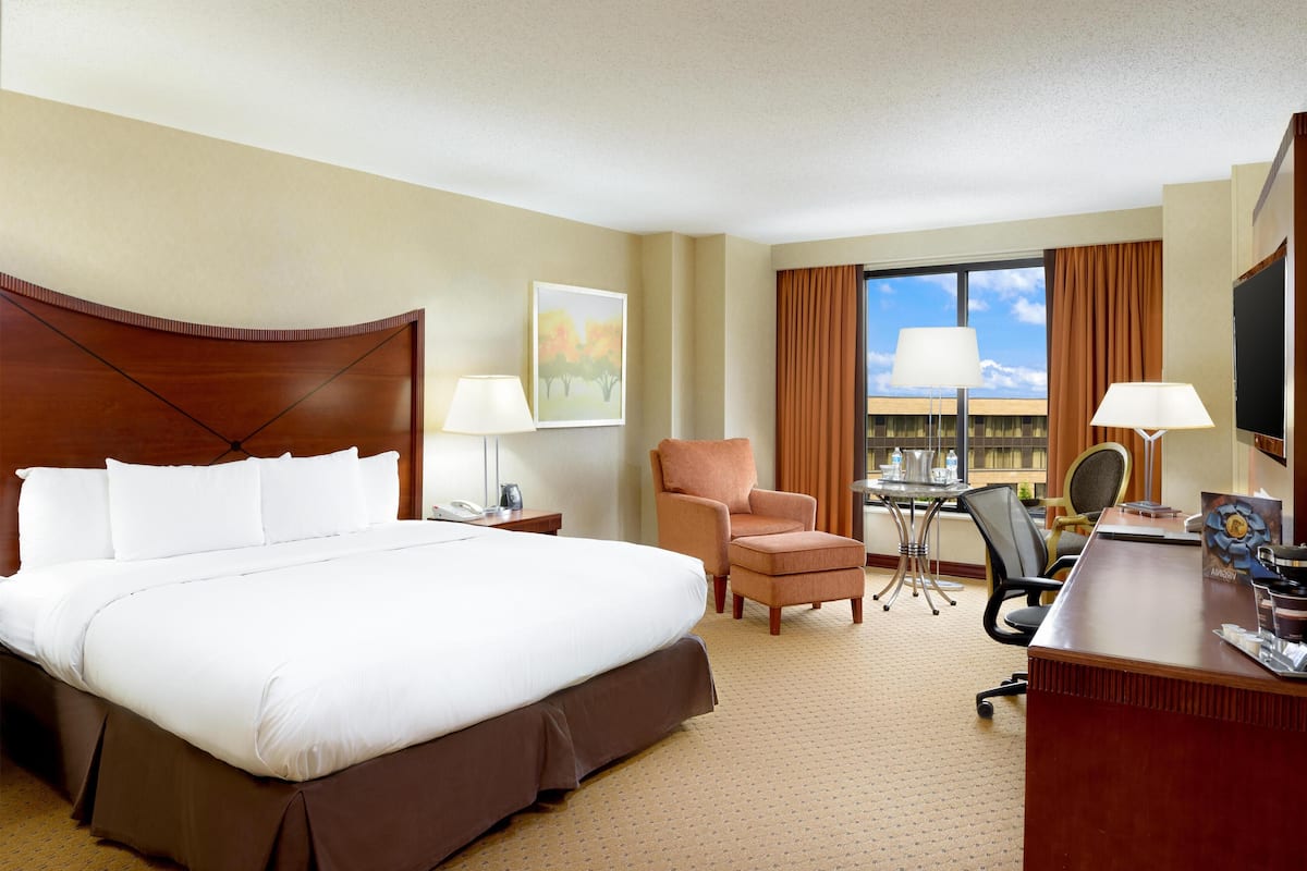 Een hotelkamer met een groot bed, een bureau, een stoel en uitzicht op de stad.