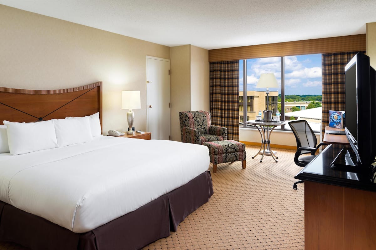 Een hotelkamer met een groot bed, een bureau met een computer, een stoel, een lamp en uitzicht op het omliggende landschap.