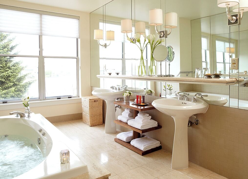 Combined shower/tub, designer toiletries, hair dryer, bathrobes
