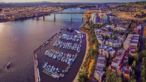 An aerial view of a marina with numerous boats docked, a bridge in the background, and a residential area with multi-story buildings.