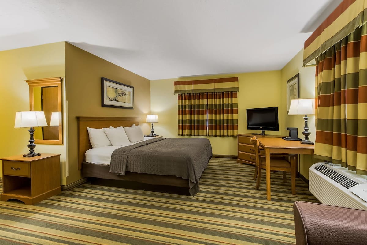 A hotel room with a bed, desk, two lamps, a television, and a window with curtains.