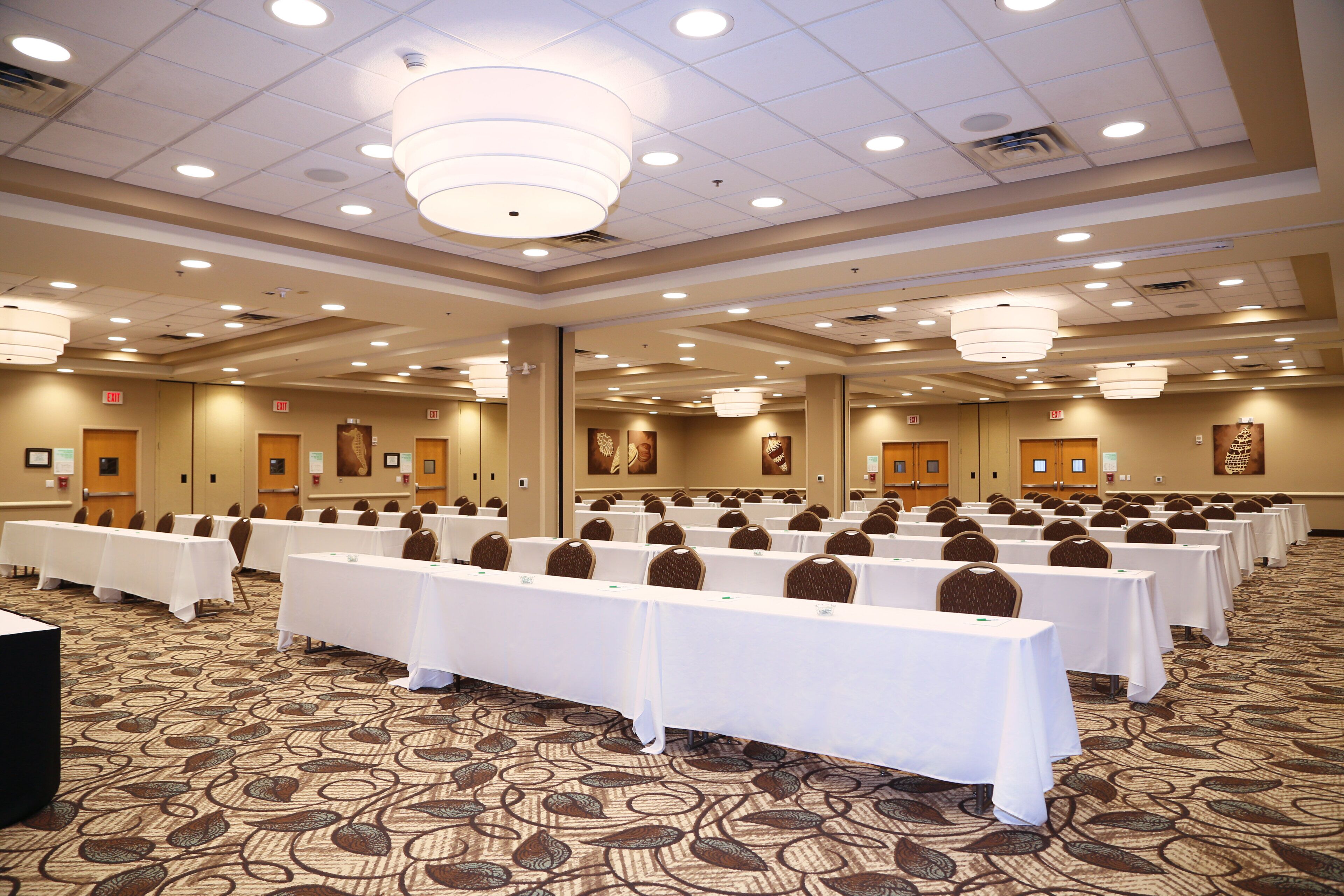 Une salle de conférence avec des rangées de tables, des chaises et un tapis à motifs.
