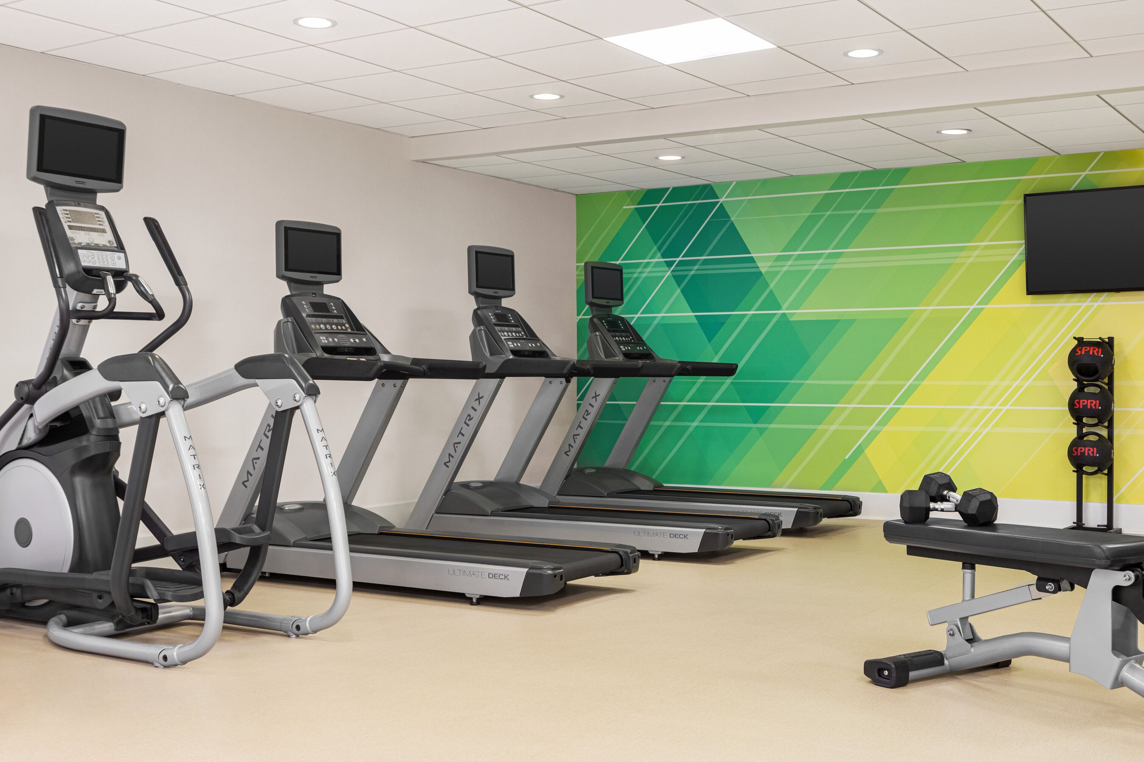 A gym with treadmills, a weight bench, and a wall-mounted TV.