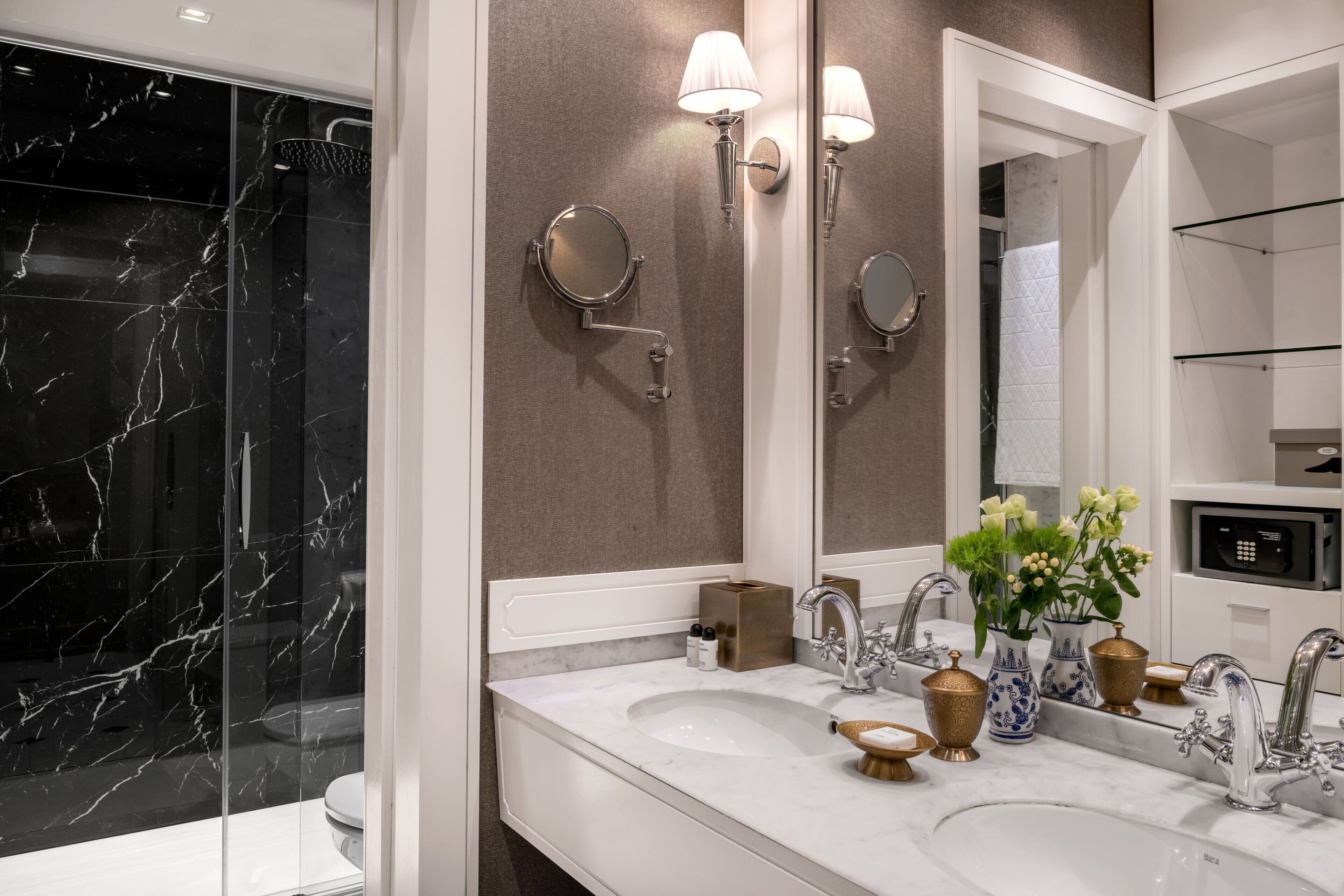 combined shower/bathtub, deep-soaking bathtub, designer toiletries