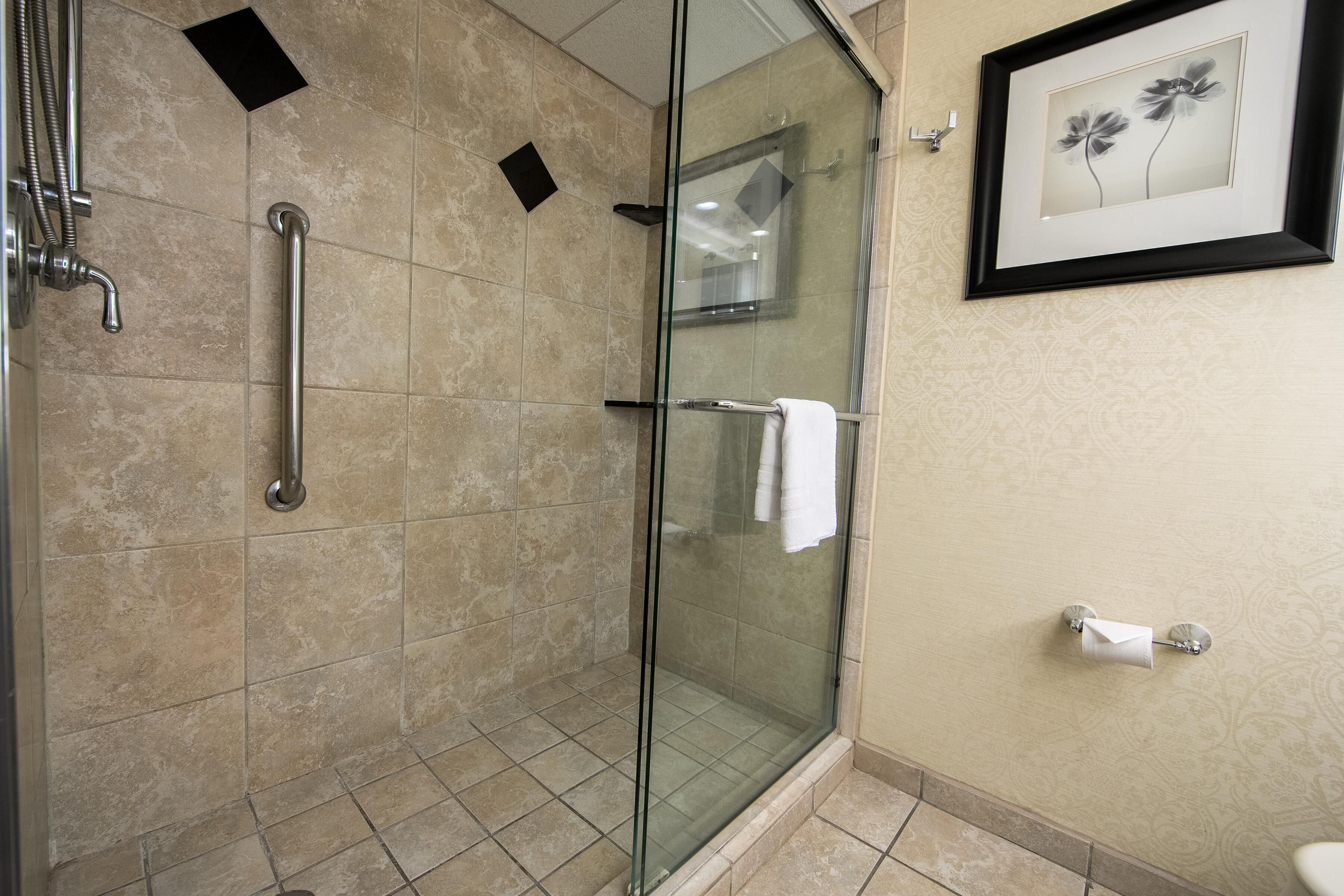 Un baño moderno con cabina de ducha de vidrio, barra de apoyo, perchero y un cuadro en la pared.