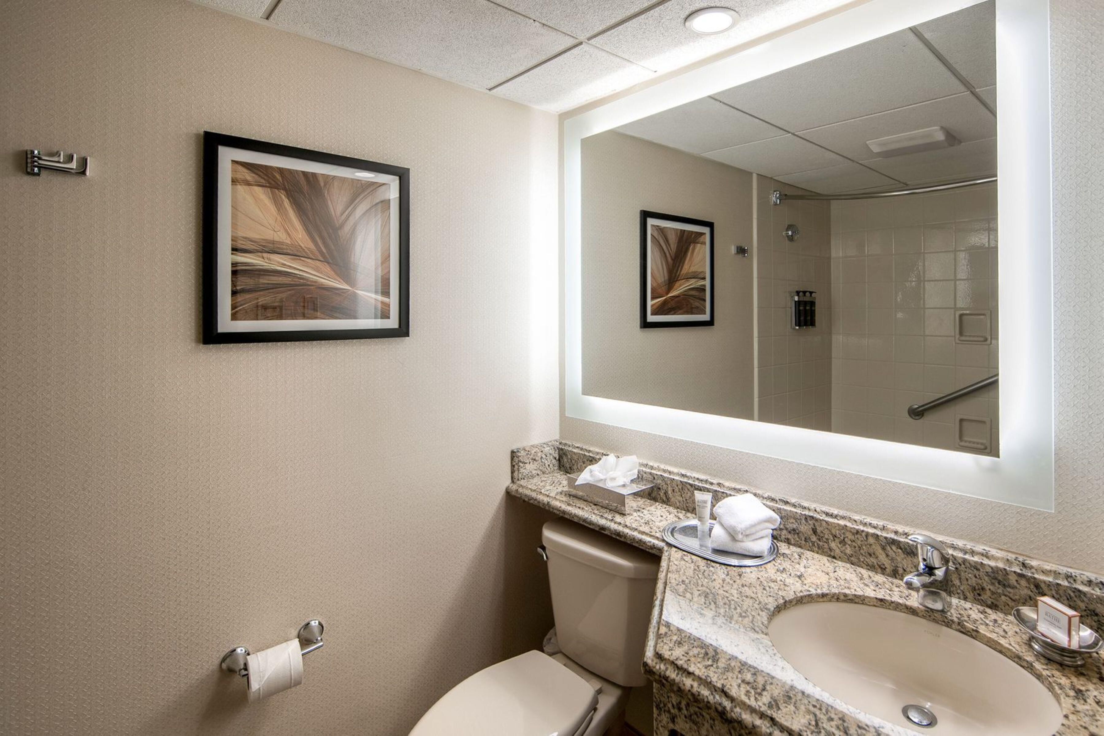 A hotel bathroom with a toilet, sink, and mirror. There are framed pictures on the wall and a towel dispenser.