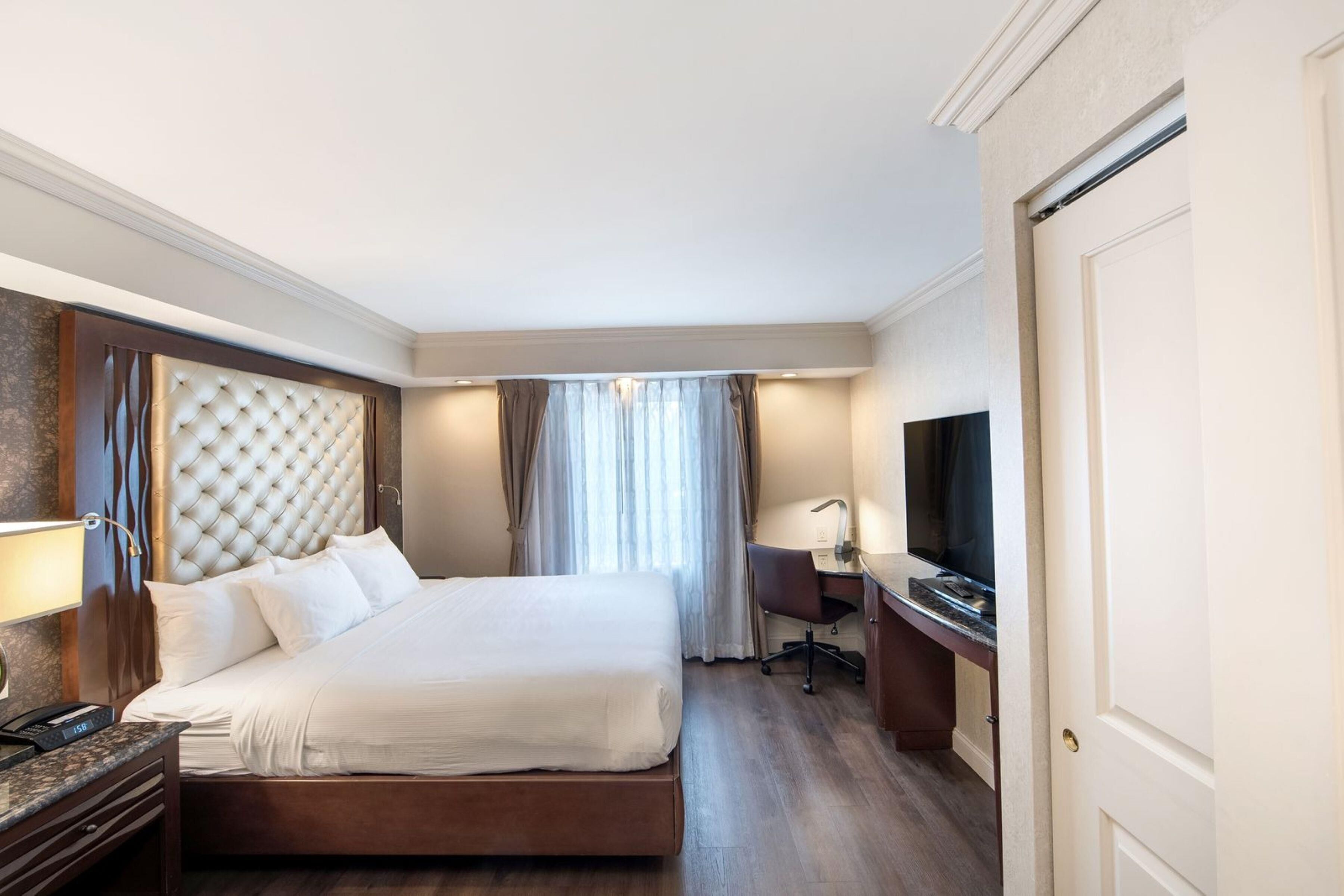 In-room safe, desk, laptop workspace, blackout curtains