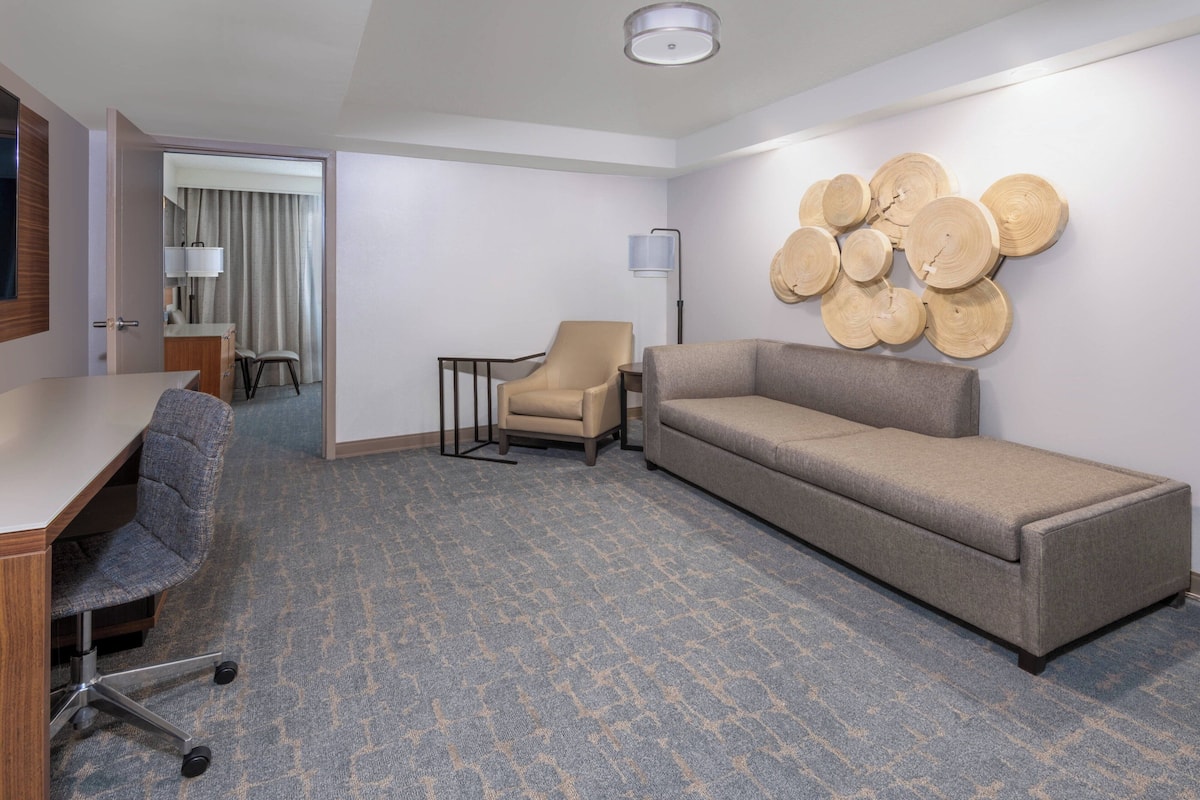 A hotel room with a desk, office chair, sofa, and a wall-mounted decorative piece.