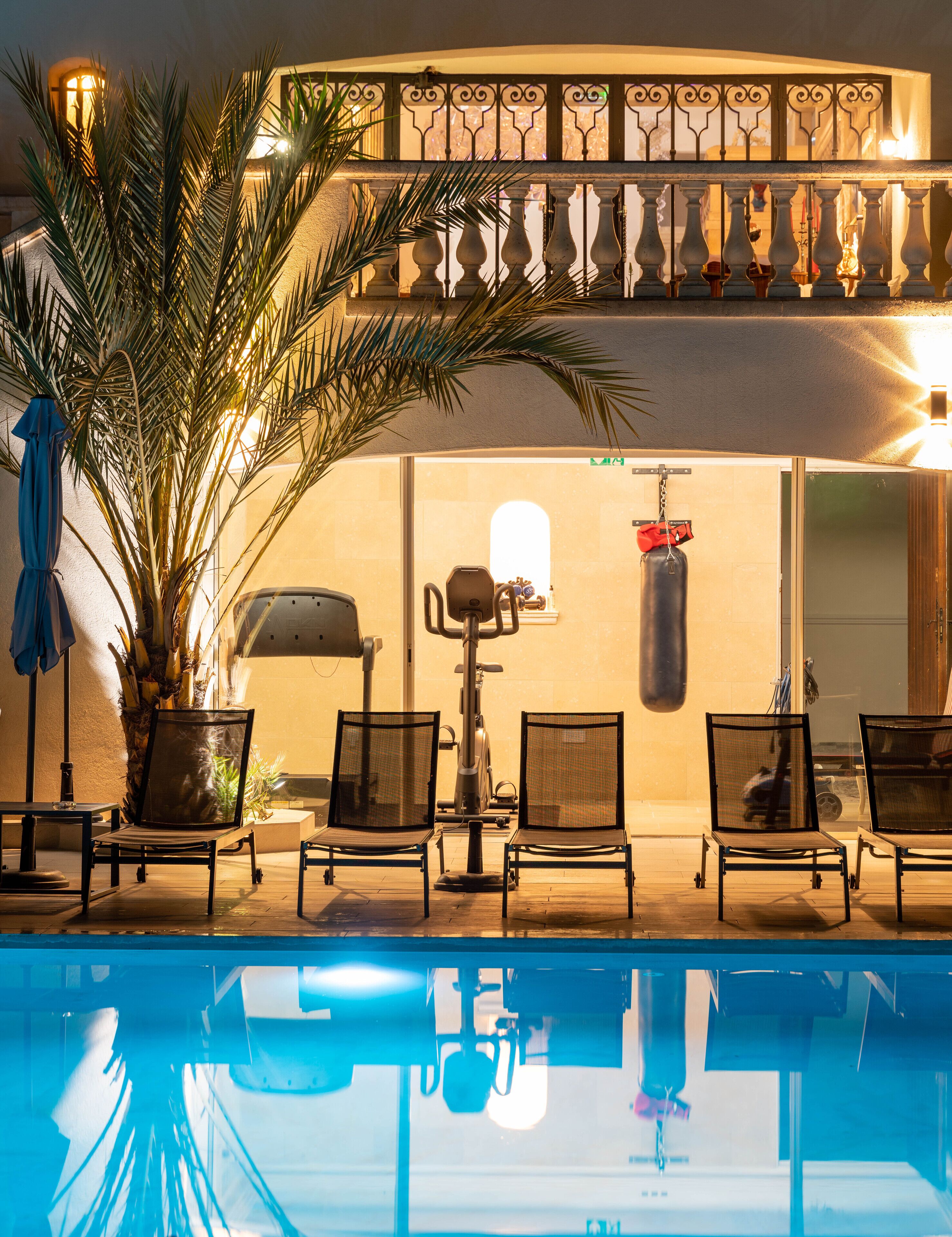 A poolside area with lounge chairs, a large potted plant, and a grill.