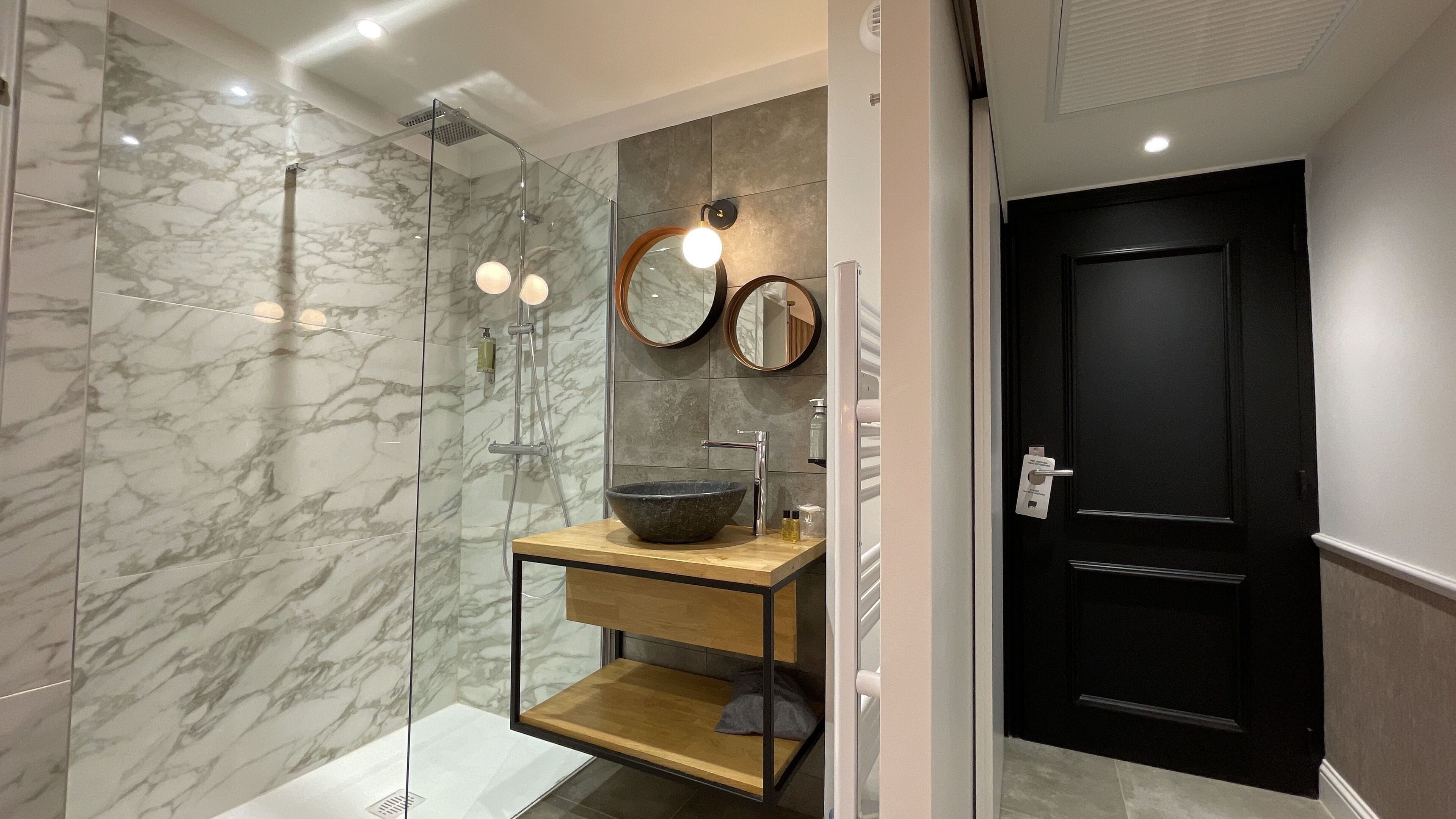 superior double room | bathroom | hair dryer, slippers, towels