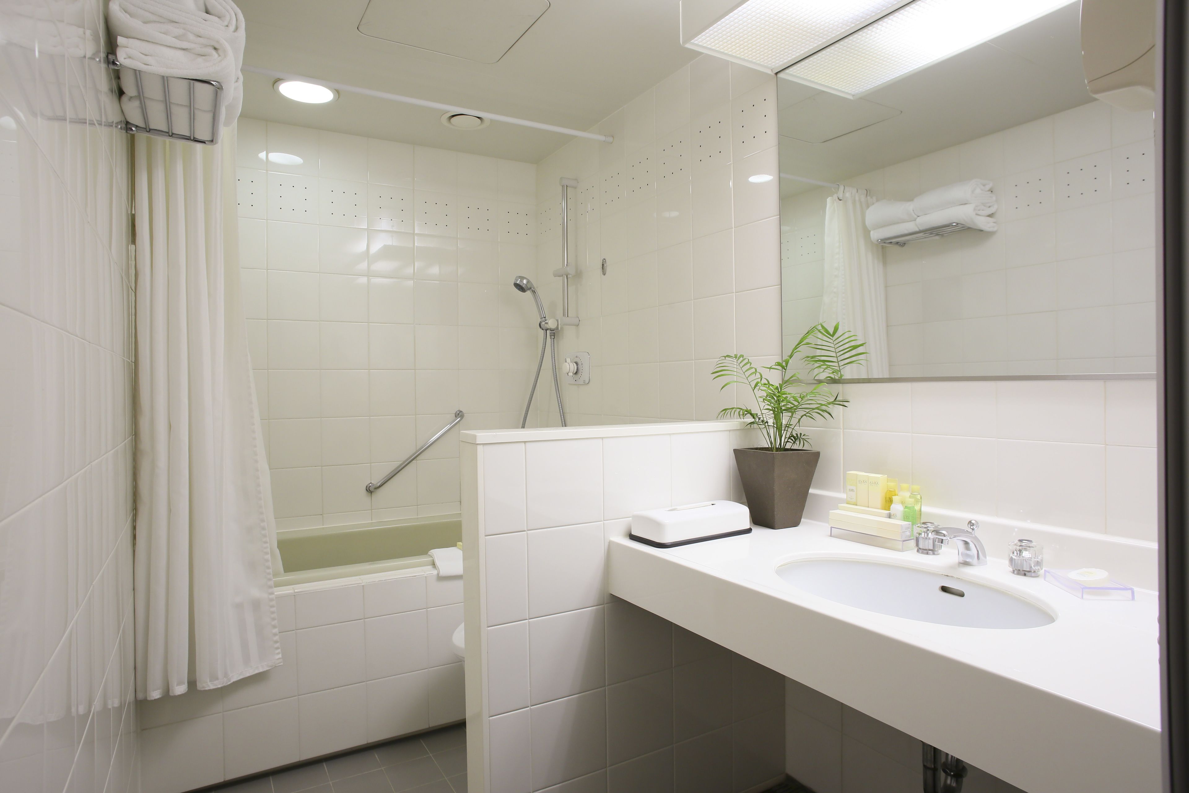 combined shower/bathtub, free toiletries, hair dryer, slippers