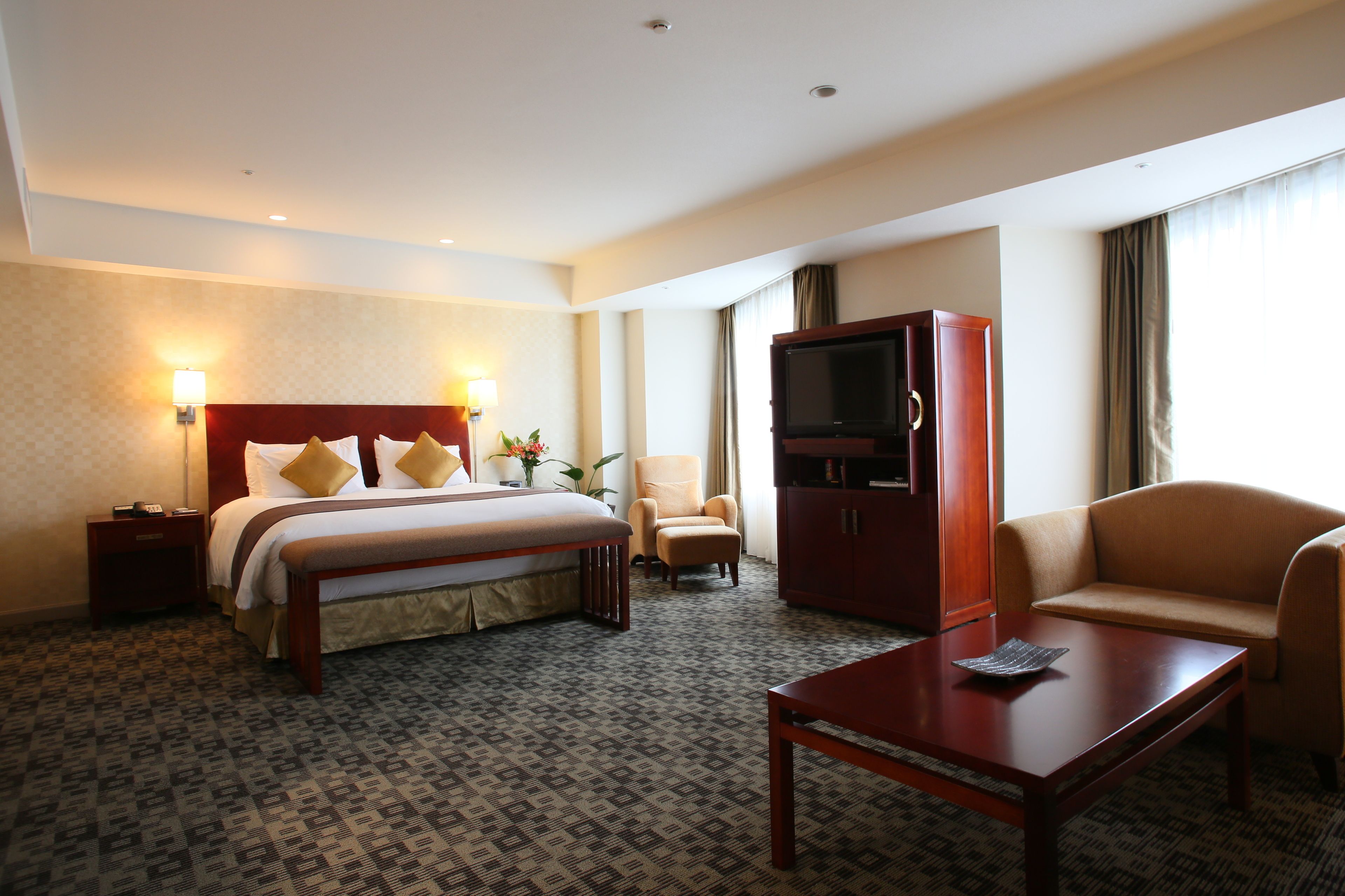 A hotel room with a bed, a TV, a sofa, a desk, and a chair.