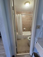 Un baño con ducha, inodoro y bañera.