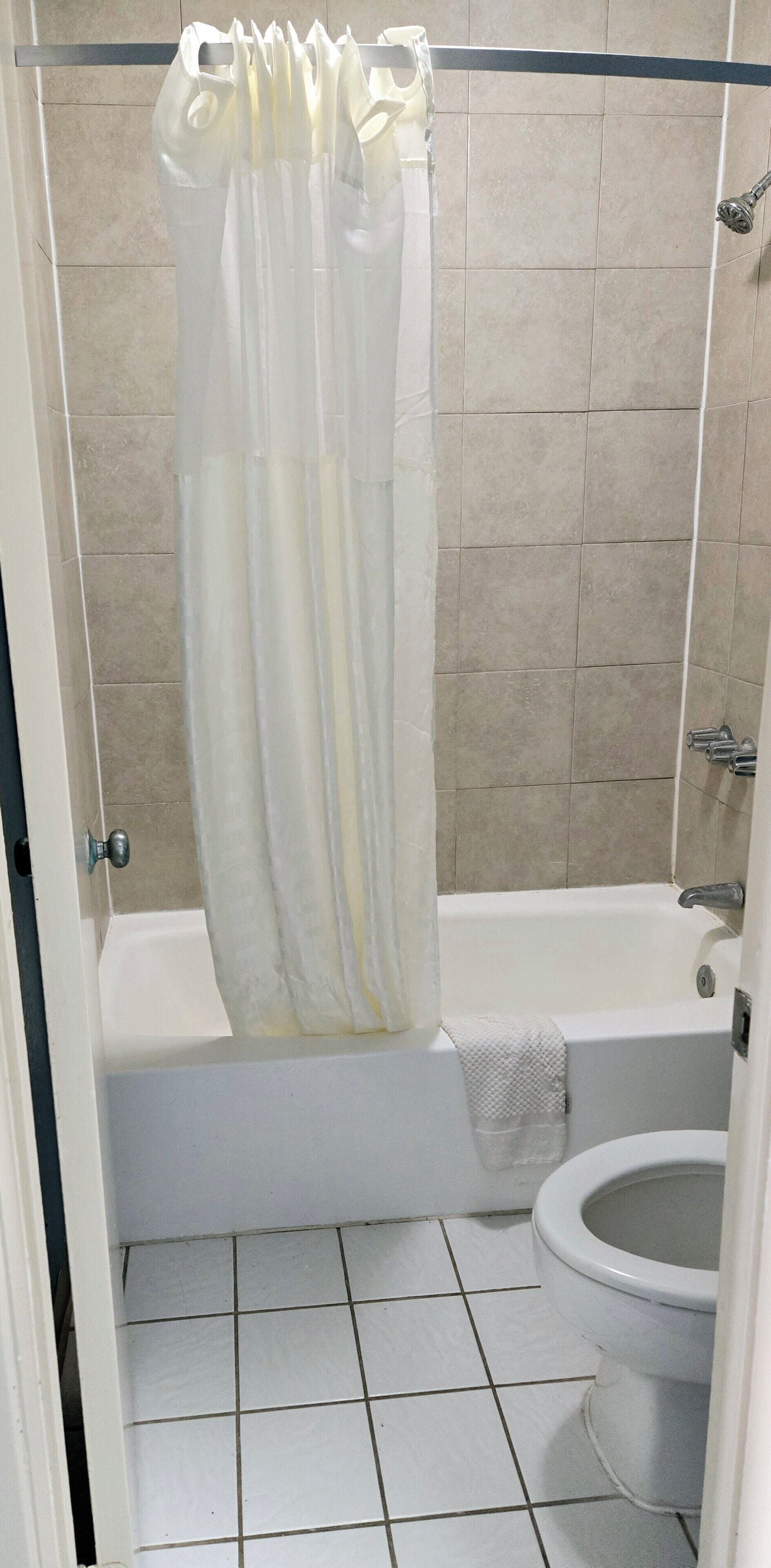 Bañera con ducha, secador de pelo, toallas, jabón