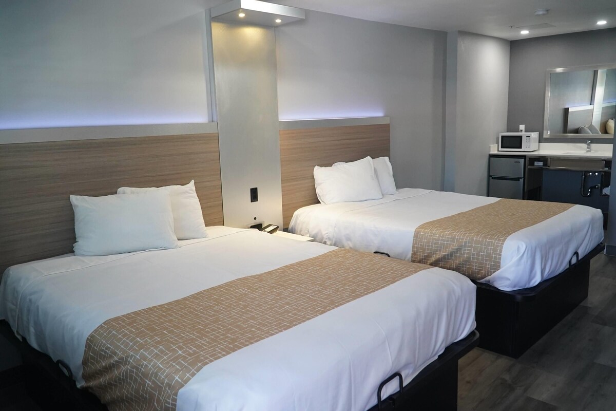 Une chambre d’hôtel avec deux lits, un bureau, un four à micro-ondes et un miroir.