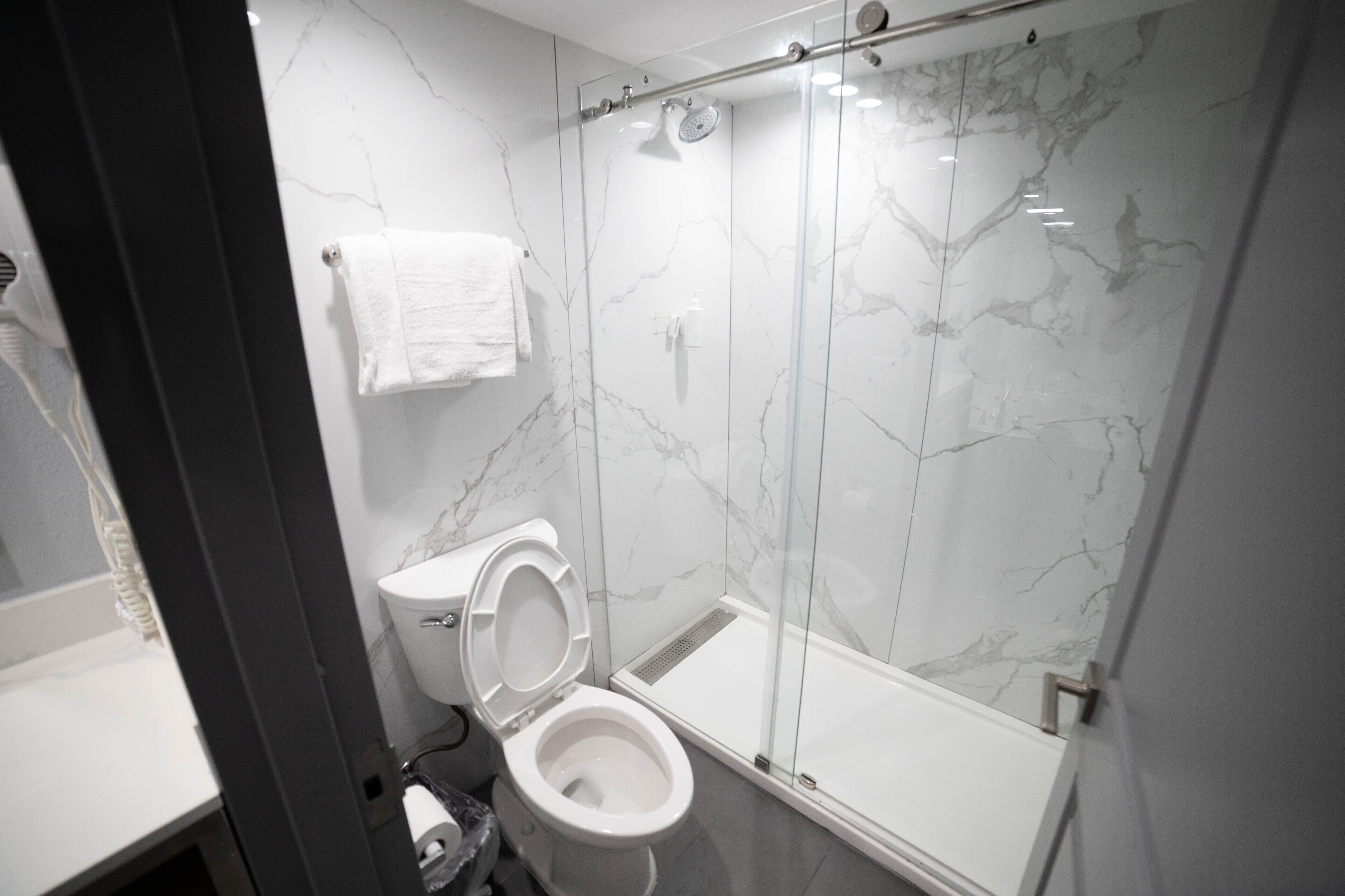 Une salle de bain moderne avec une douche à parois de verre, des toilettes et un lavabo blanc.