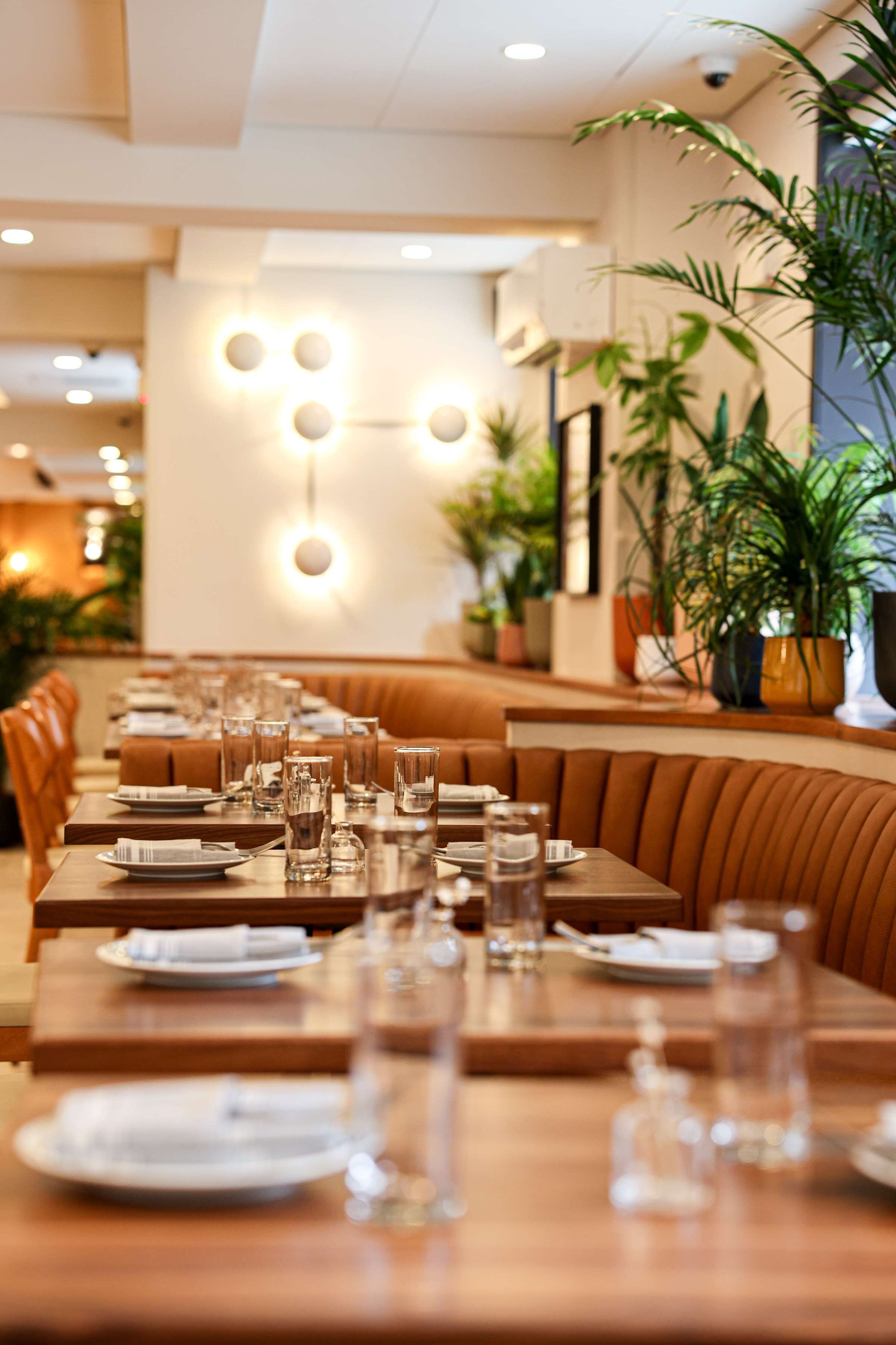 Un restaurante con largas mesas de madera dispuestas para comer, rodeado de asientos tapizados en tonos marrones.