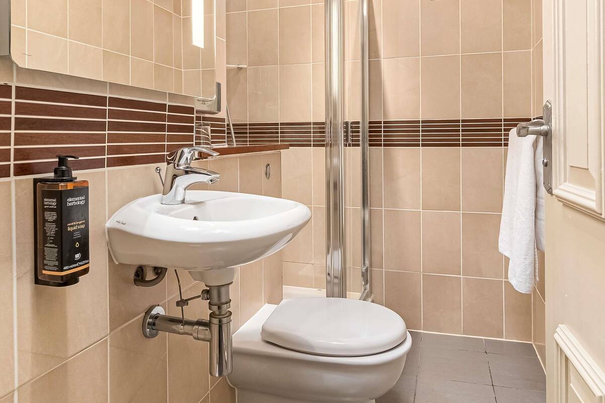 A bathroom with a white sink, a toilet, and a shower.