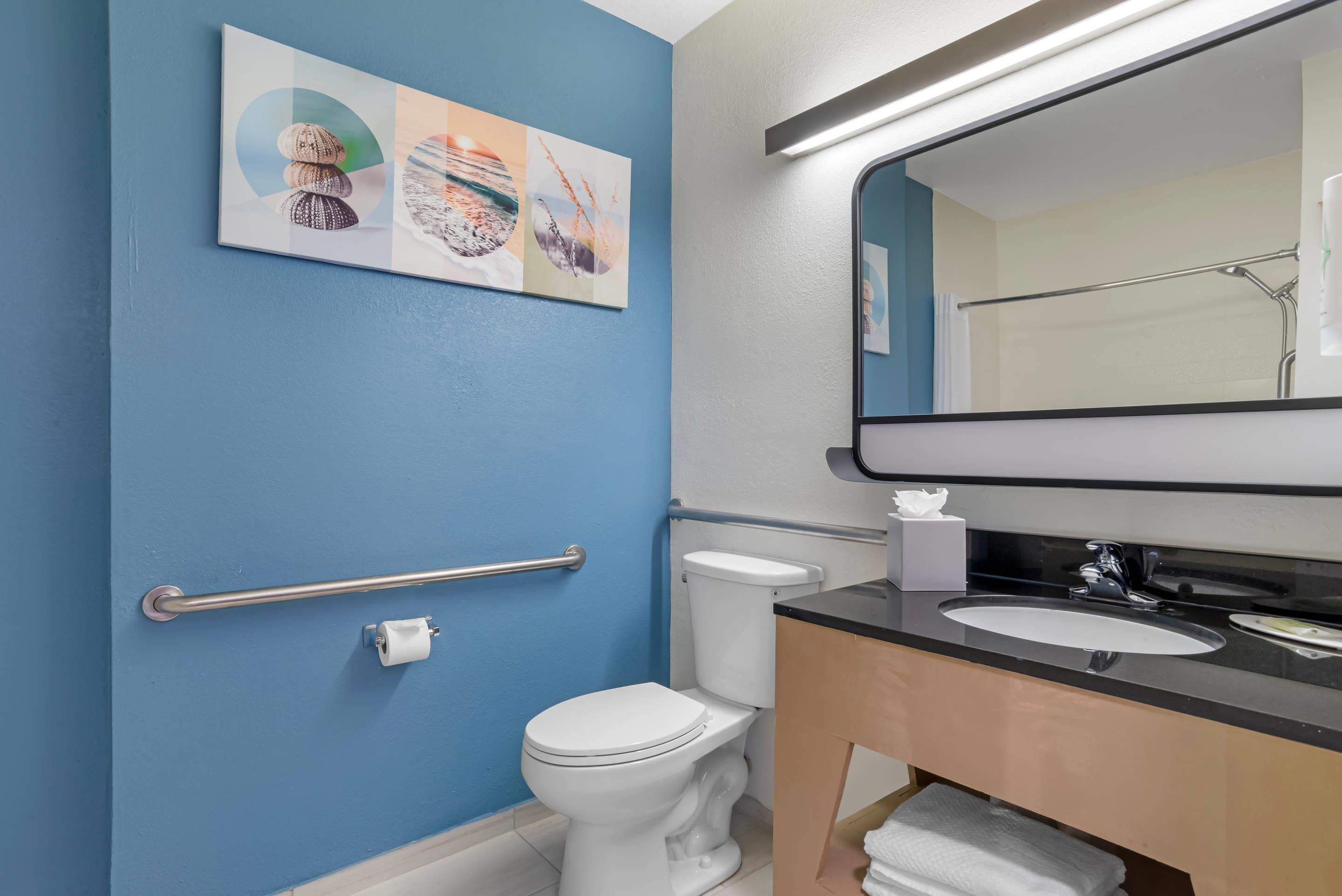 A bathroom with a toilet, sink, and a handrail.