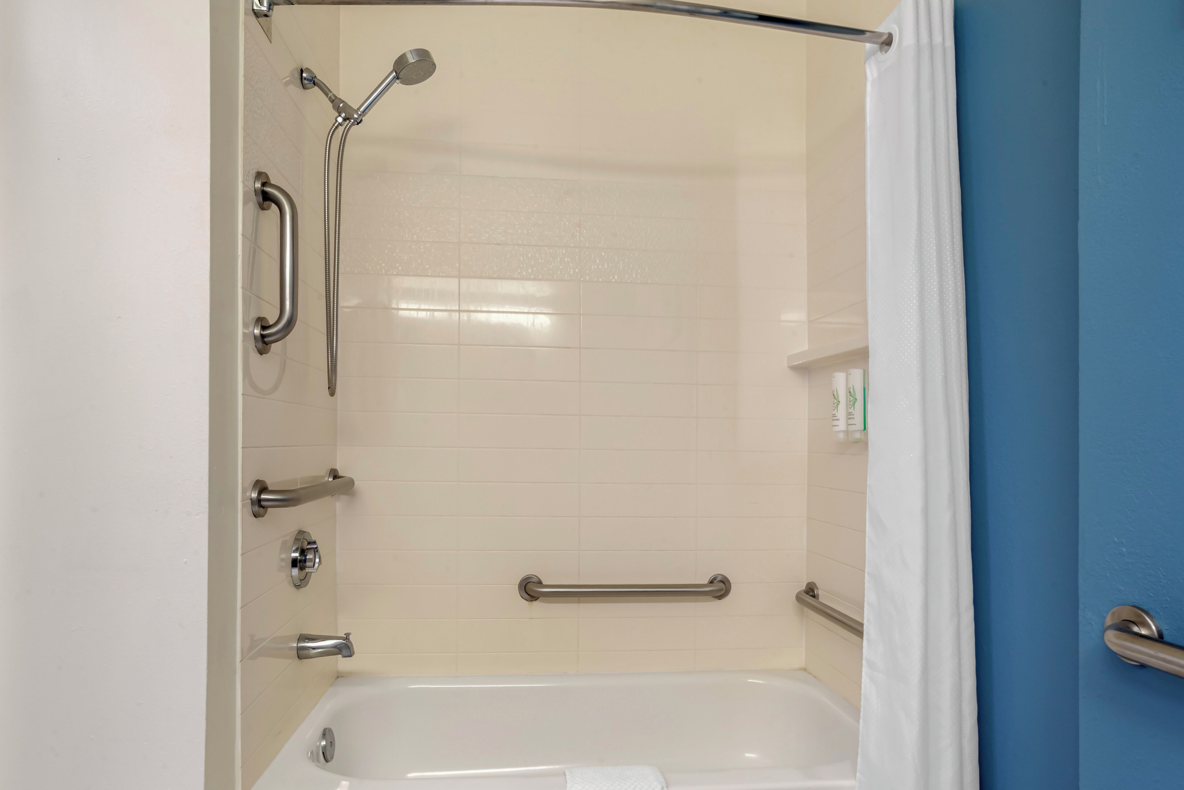 Baño con ducha, barras de apoyo y bañera.