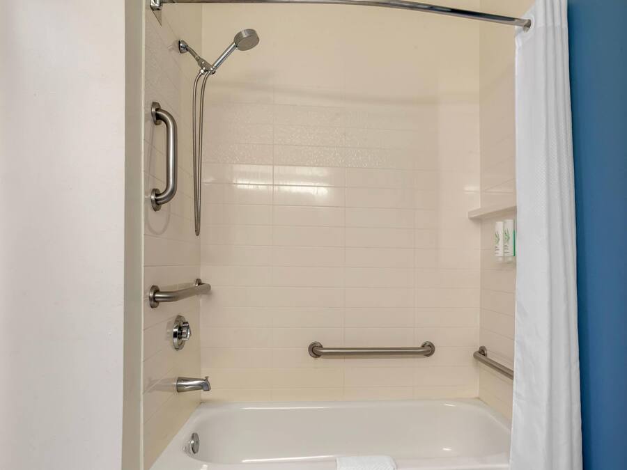 Baño con ducha, barras de apoyo y bañera.