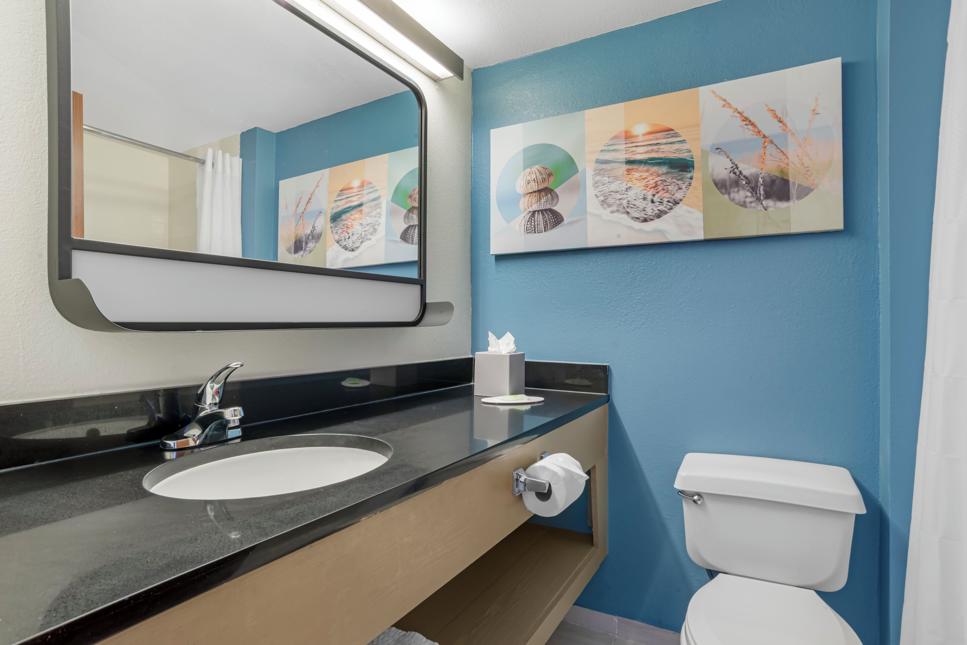 A bathroom with a sink, mirror, toilet, and wall art.