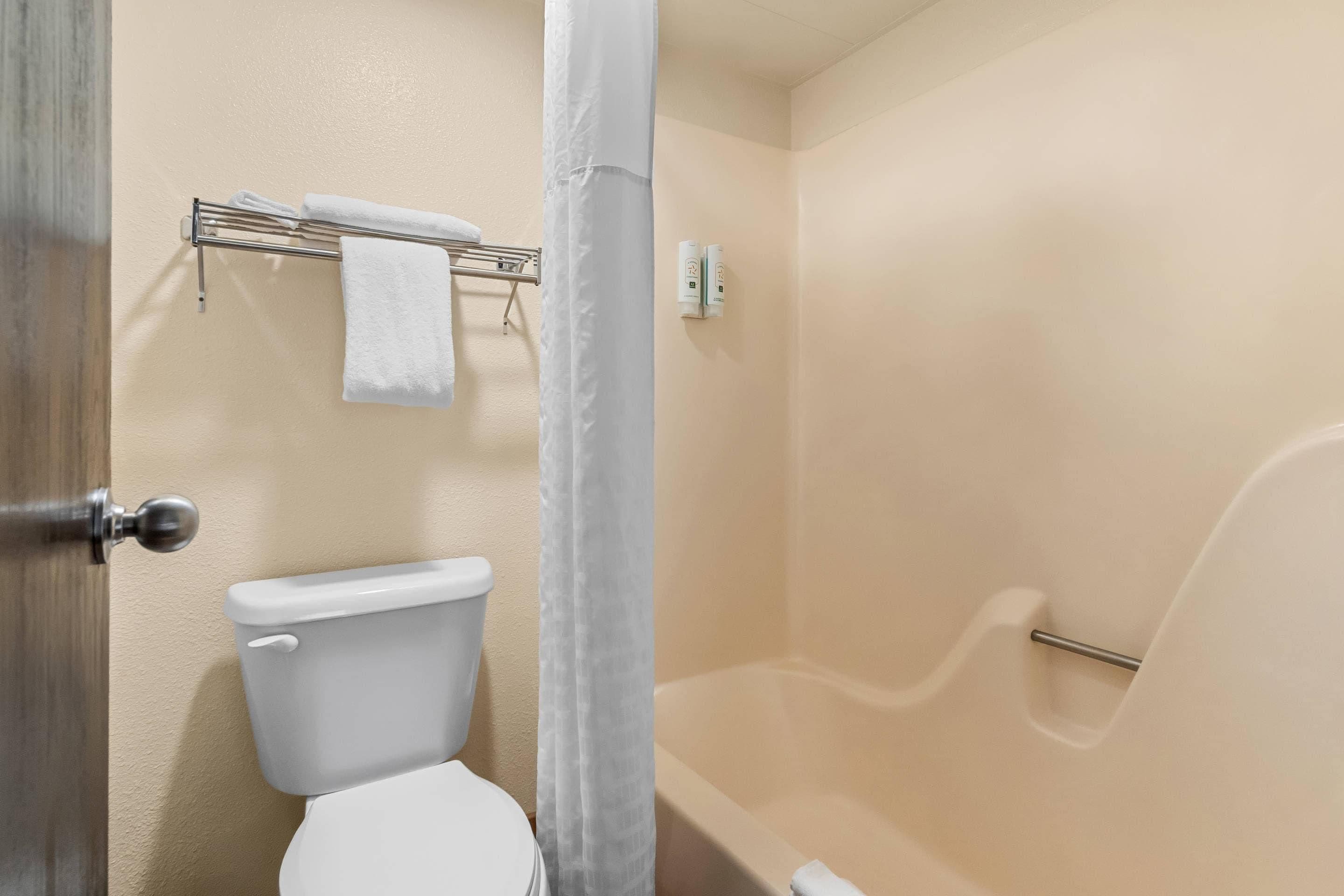 A bathroom with a toilet, a towel rack, and a shower curtain.